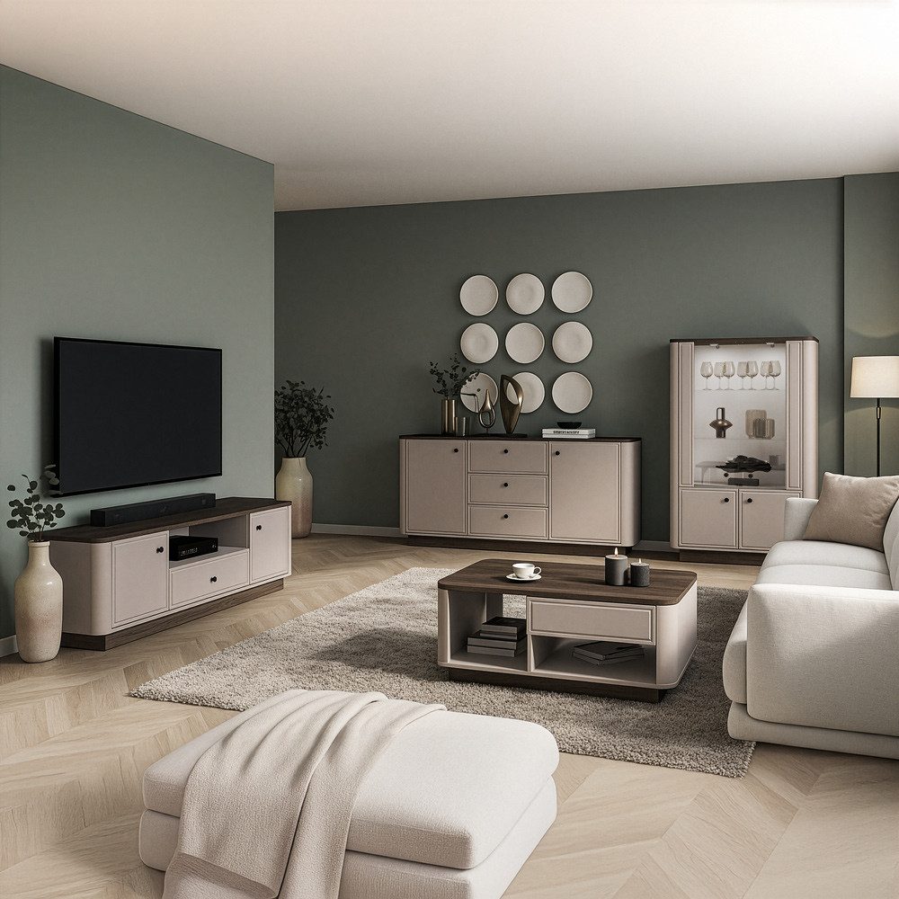 Lomadox Wohnzimmer-Set VEJANO-131, (Mega-Spar-Set, 4-St., Couchtisch Highboard Lowboard Sideboard), Wohnwand Beige mit Eiche modern abgerundet Softclose LED Beleuchtung