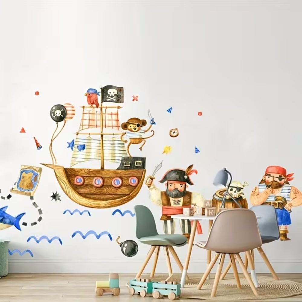 Montegoni Wandsticker Piraten Wandsticker Kinderzimmer Piratenschiff Hai Schatzkarte Deko (Mehrteiliges Wandtattoo Set, Piratenschiff Wandsticker Kinder Set), S – Bild 4 von 5