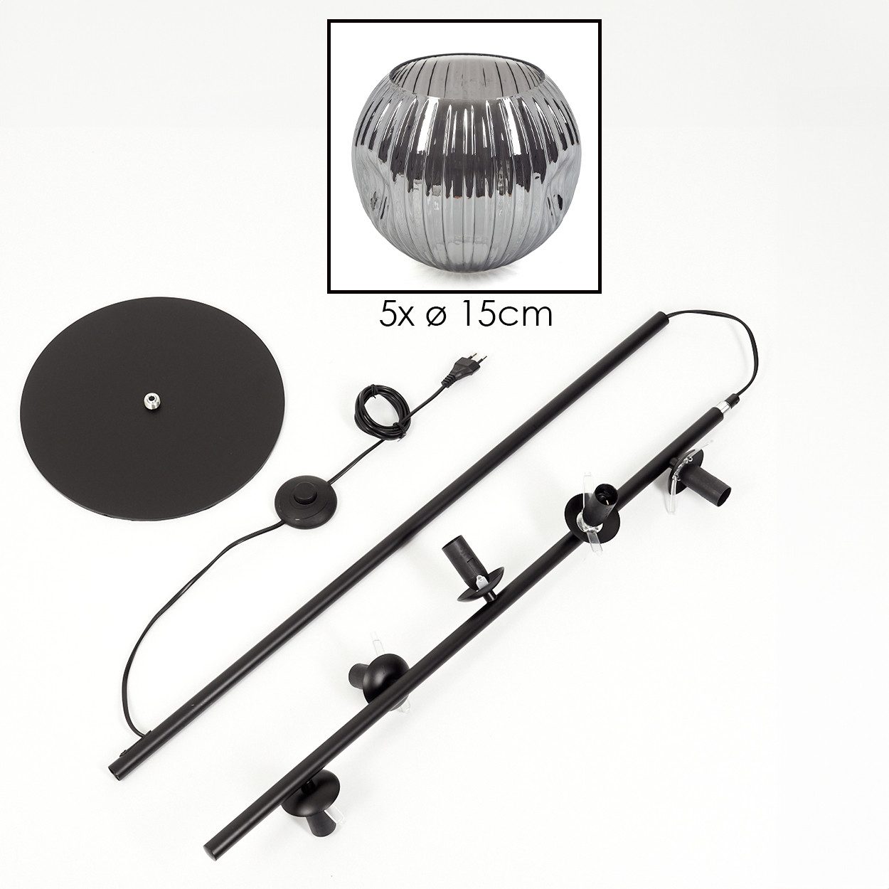 hofstein Stehlampe Stehlampe aus Metall/Riffelglas, Schwarz/Rauch, Retro/Vintage-Design, ohne Leuchtmittel, moderne Stehleuchte, Ø Schirme 15 cm, Fußschalter, 160 cm, E14