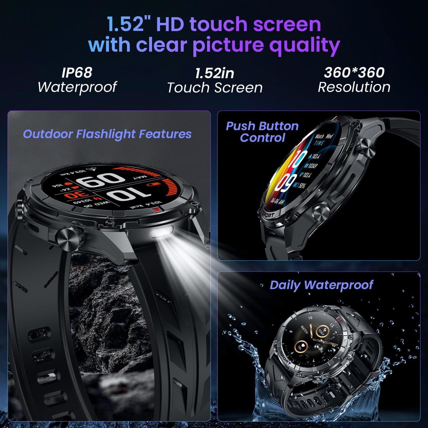 Motsfit Smartwatch (3,8 cm, android ios), Smartwatch Herren mit 1.52" Display, Bluetooth Telefonie