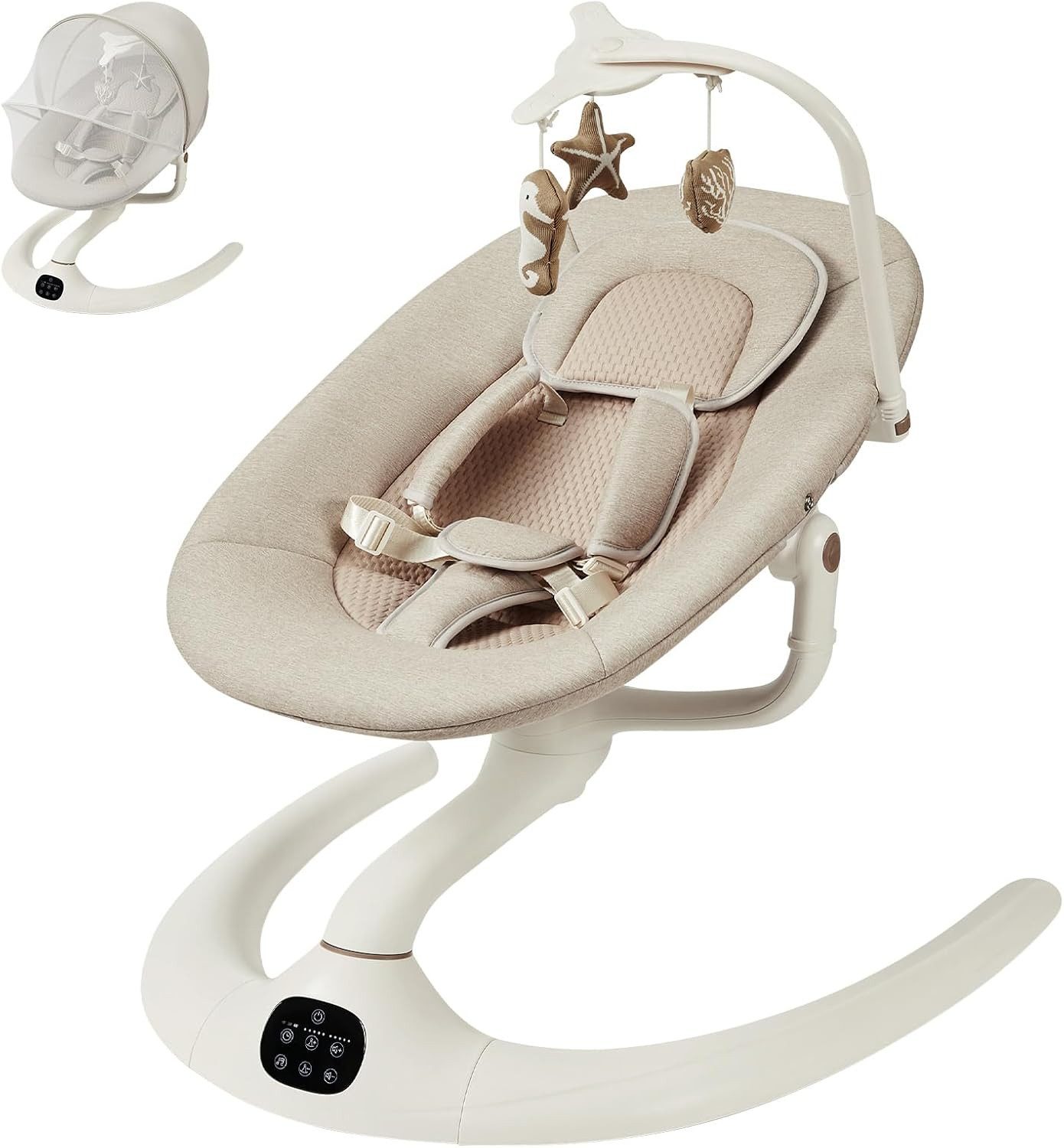 GarveeMore Babywippe Elektrische Babywippe mit Spielzeug, Babywippe mit Sicherheitsgurt, Bequeme Babyschaukel mit Hängespielzeug, Sicherheitsgurt
