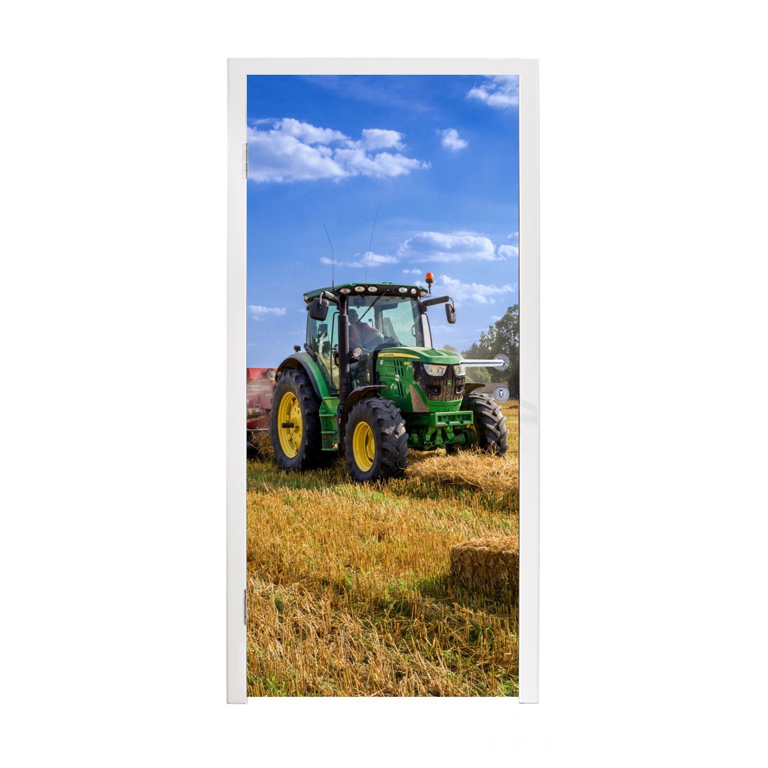 MuchoWow Türtapete Traktor - Bauernhof - Heu - Feld - Sonne - Landleben, Matt, bedruckt, (1 St), Selbstklebende Tapete, Folie für Möbel, 75x205 cm