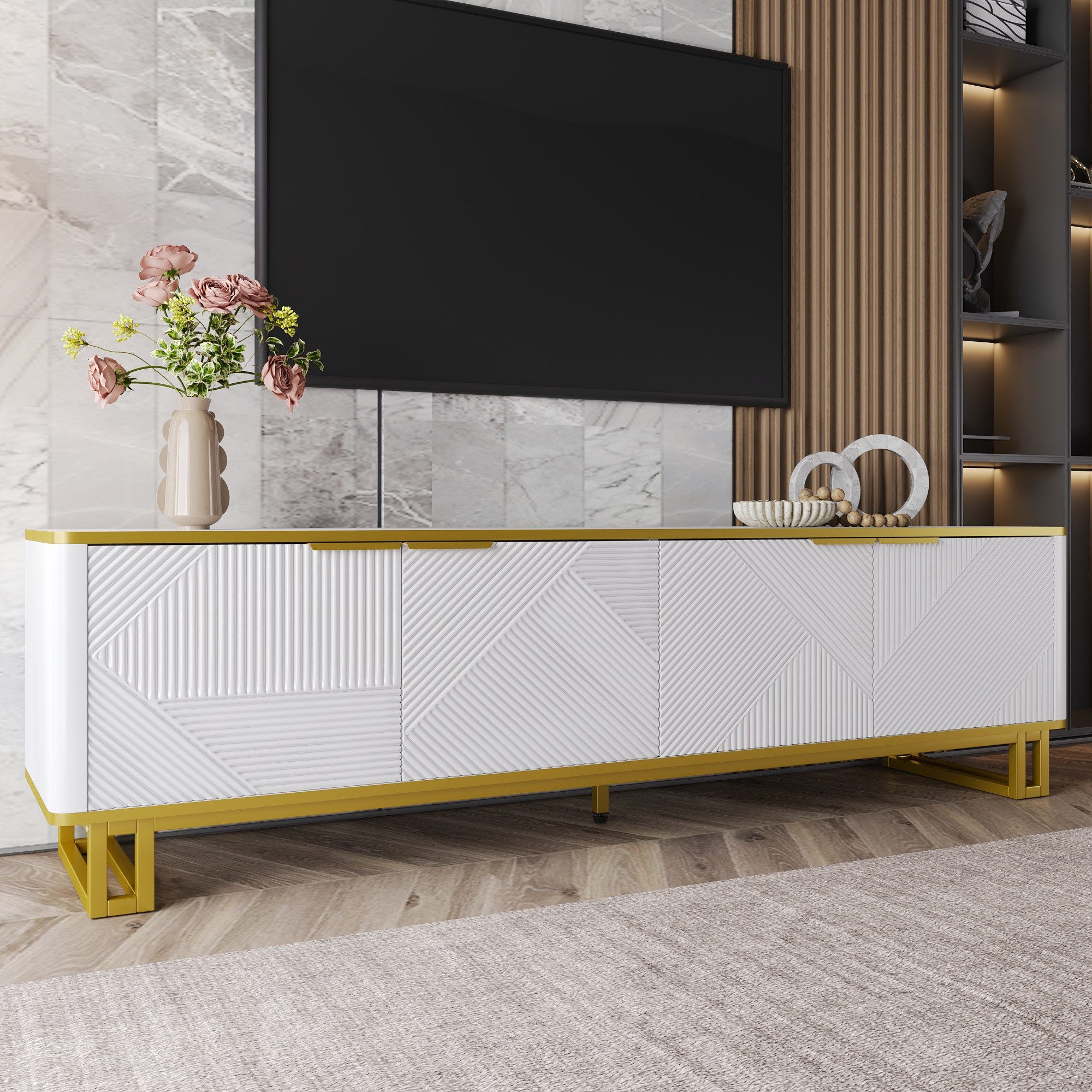 MODFU TV-Schrank Klassische Kommode in der Farbkombination Schwarz-Gold/Weiß (Packung, 1-St., 160x37,5x48 cm, mit geometrisch geprägten Türen vor 2 Fächern) Stilvolle und übersichtliche Aufbewahrungslösung