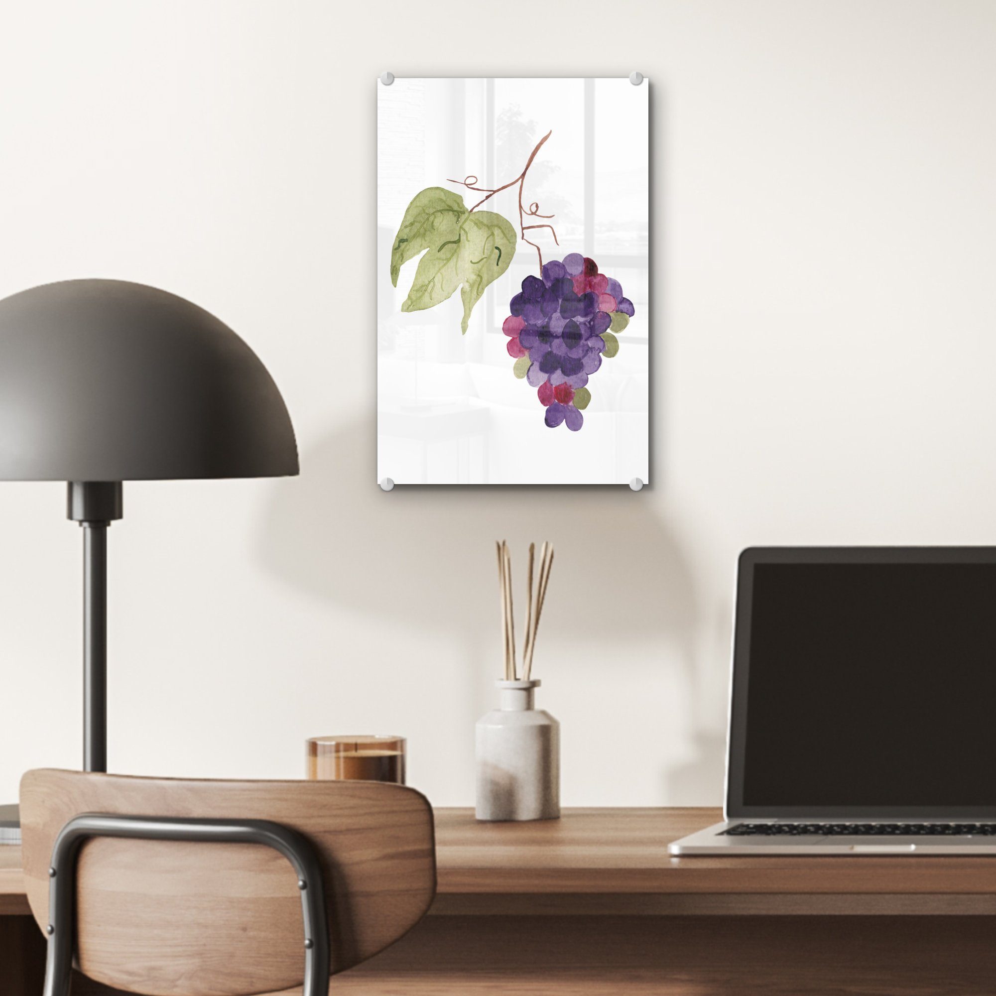 Bilder - auf - Wanddekoration - Glas Wandbild auf Zweig - MuchoWow Weintrauben - Glasbilder - Glas Blätter Foto (1 Aquarell, St), Acrylglasbild