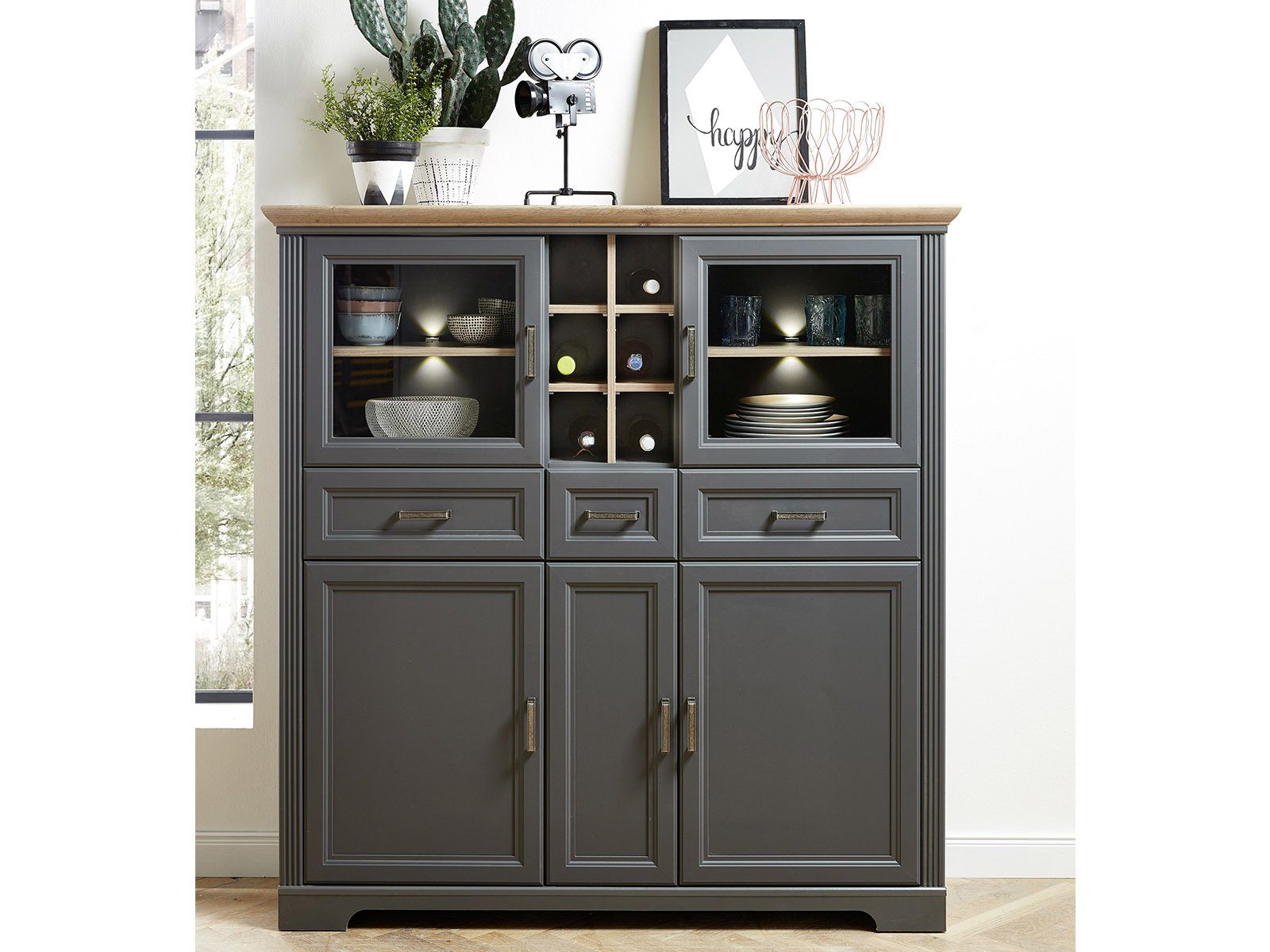 möbelando Highboard Jasmin III, 143 x 150 x 42 cm (B/H/T)