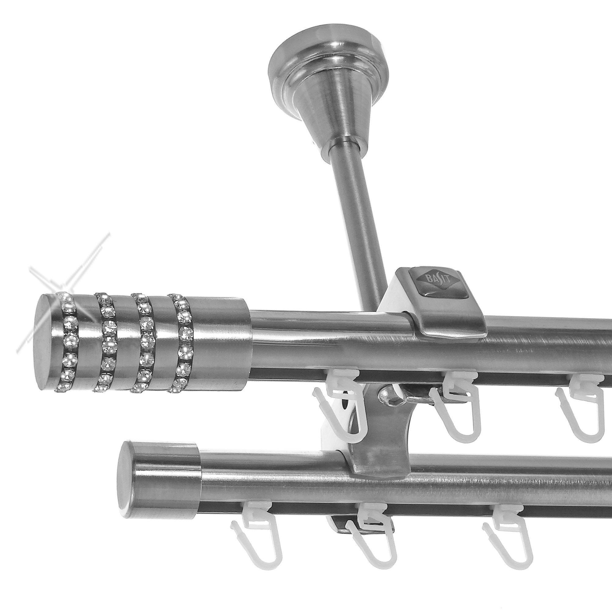 BASIT Gardinenstange Innenlauf Edelstahloptik 20mm mit Deckenträgern 360 cm E39, Ø 20 mm, 2-läufig, verschraubt, Aluminium, D61II 360 cm E39 Zylinder mit Kristall