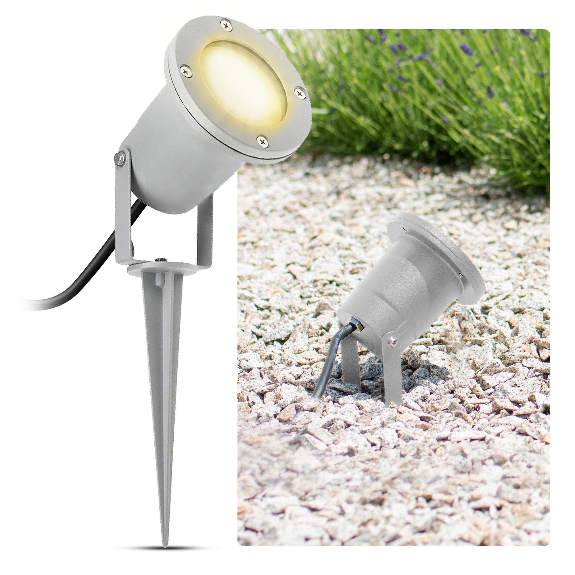 SSC-LUXon LED Gartenstrahler Gartenstrahler KARI Erdspieß Kabel grau LED GU10 5W 3 Lichtfarben, Neutralweiß, Warmweiß, Tageslichtweiß