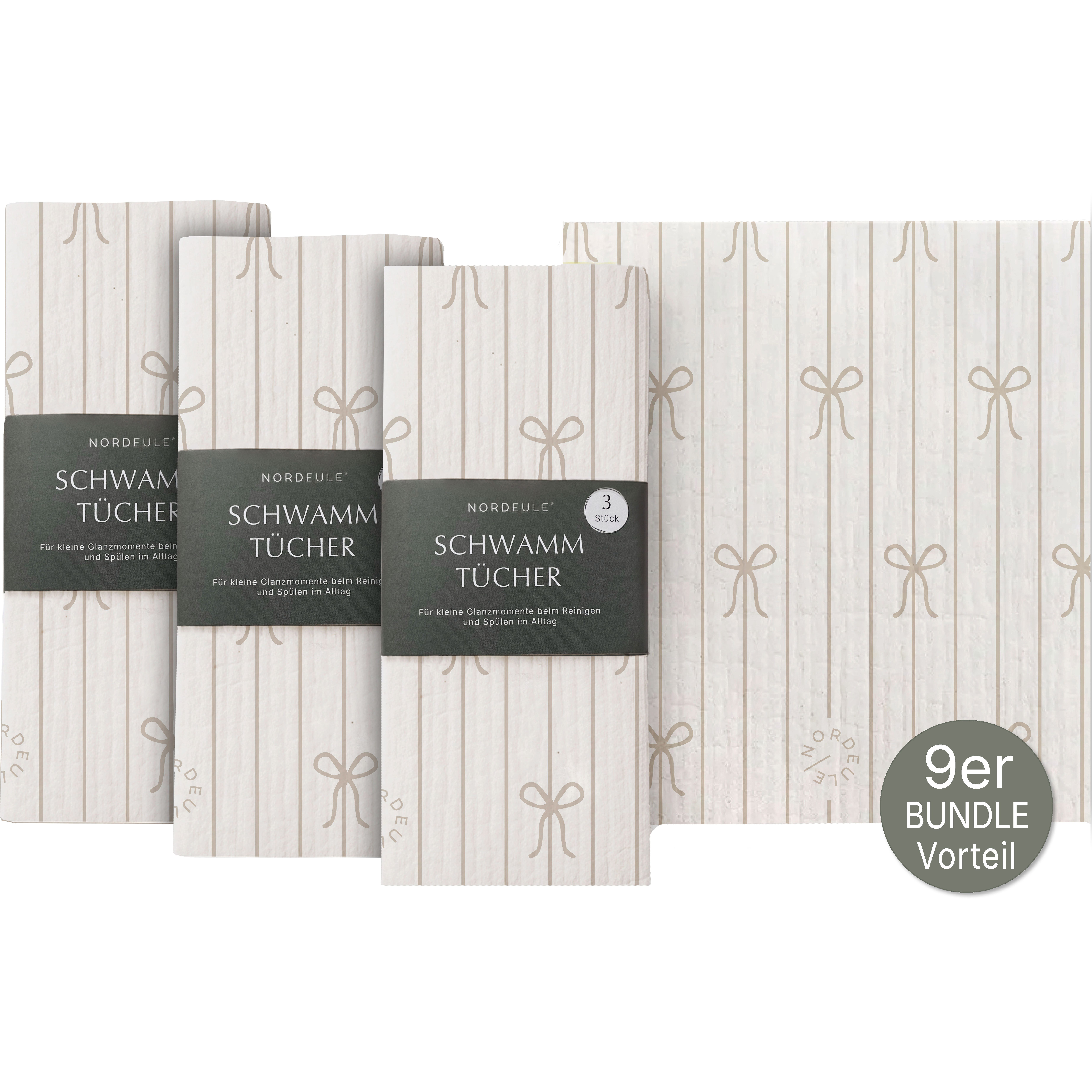 NORDEULE Schleifen gestreiftes Muster in Beige-Weiß Reinigungstuch (70 % Holz-Zellulose, 30 % Baumwolle, Set, 9-tlg., ideal auch als Geschenk für Freunde Familie, als Mitbringsel)