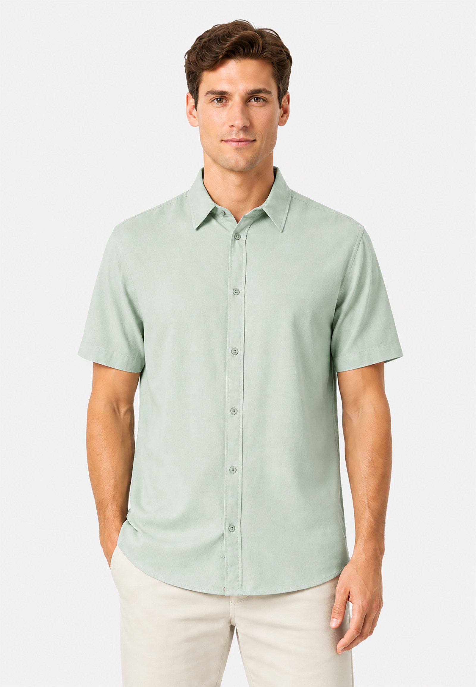 Eight2Nine Kurzarmhemd Modernes Design Kentkragen Regular Fit Look Knopfleiste für Herren Lyocell nachhaltig Normal Fit Knopfleiste Einfarbig Kent
