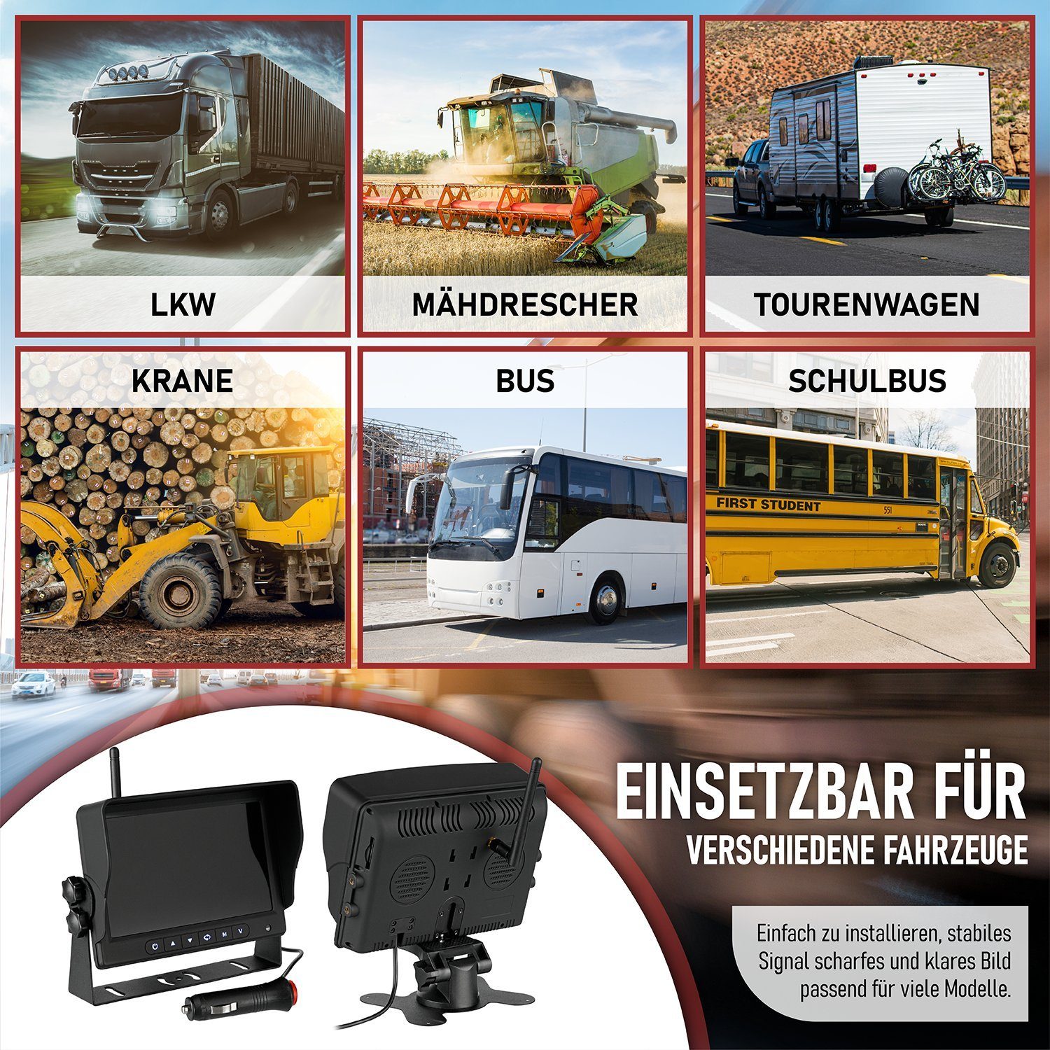 CARMATRIX BDW-710C+4 Audio, Rückfahrkamera Distanzlabel, SD Karte, Monitor) Funk 7" IPS Aufnahmefunktion, LKW, Rückfahrsystem (HD Mikrofon, Set Kanal Quad 4 Rückfahrkamera Monitor