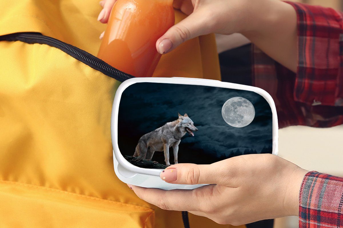 MuchoWow Lunchbox Wolf - Mond Kunststoff, für Mädchen - und Kinder Brotbox (2-tlg), und - Erwachsene, weiß Brotdose, für Jungs Tiere Nacht Porträt, 