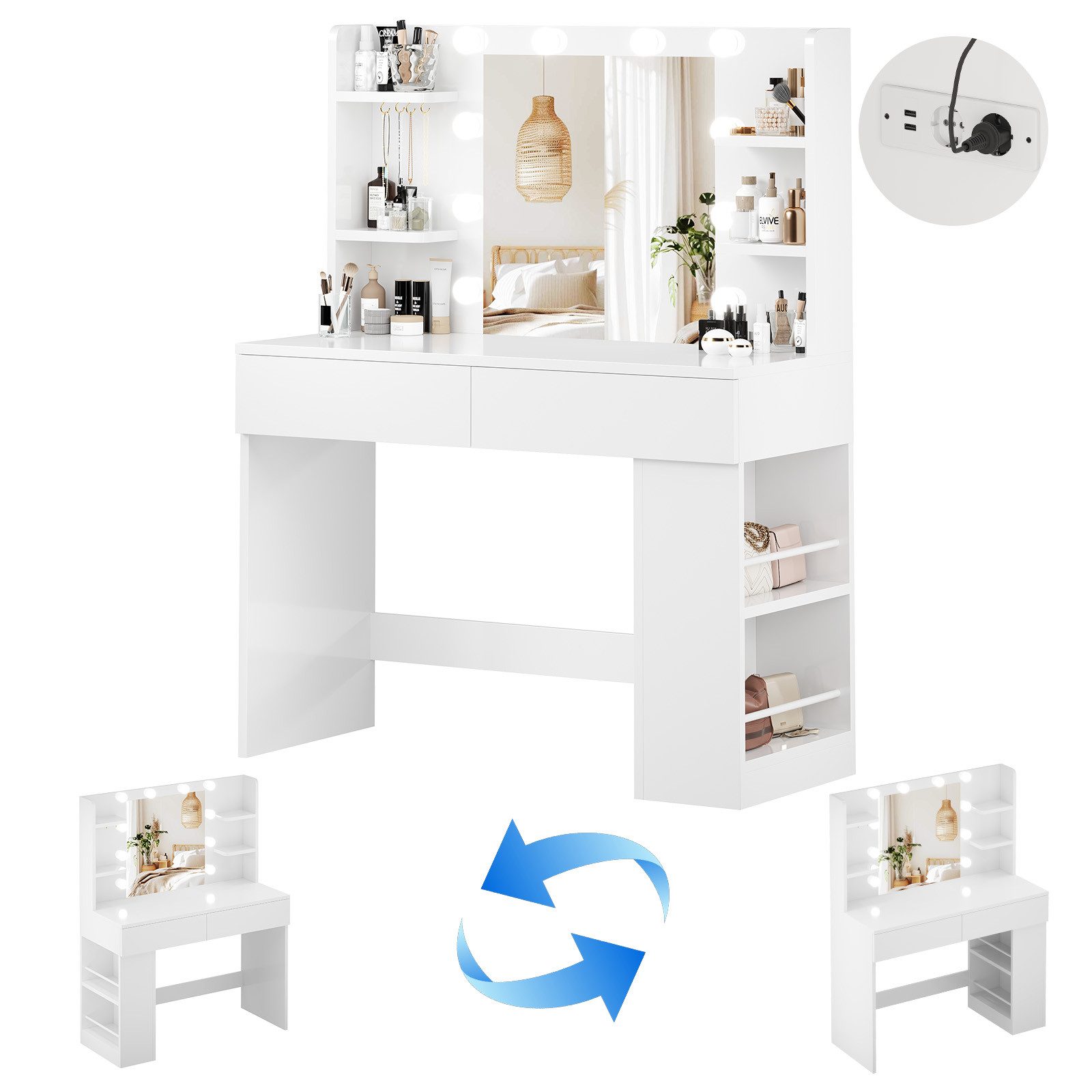 HOMALL Schminktisch mit Spiegel, LED-Beleuchtung, einstellbare Helligkeit, ostern (Langex Brete x Hthe) 90/110 x 40x 135 cm. B ofene Facher (2 seitiche Facher s – Bild 2 von 5