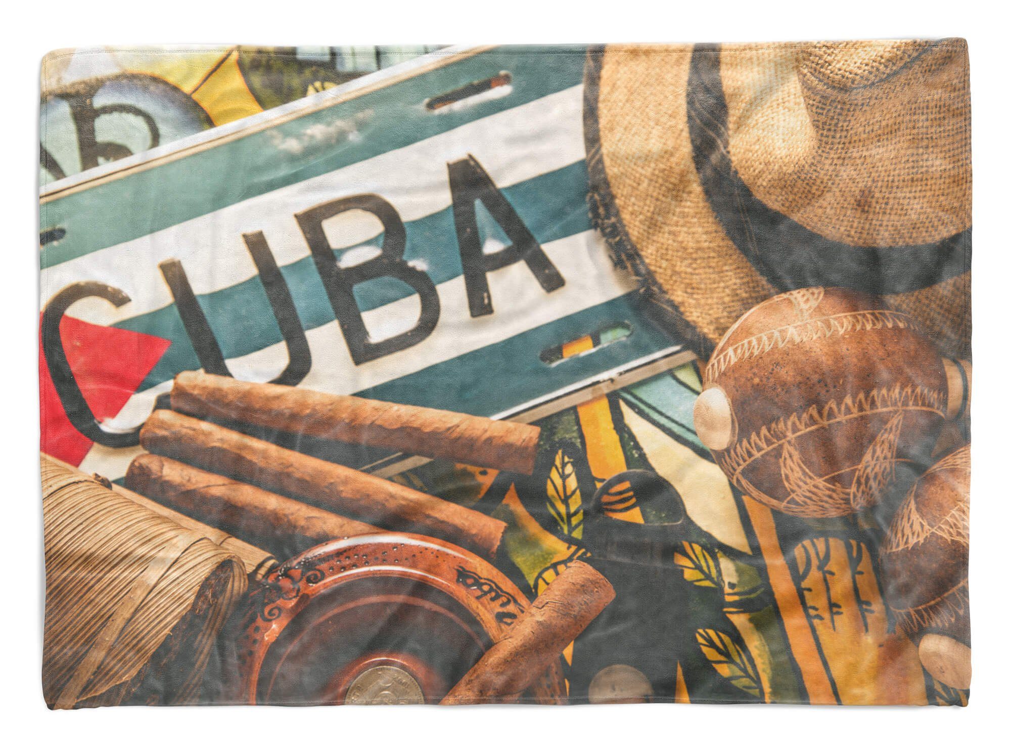Sinus Art Handtücher Handtuch Strandhandtuch Saunatuch Kuscheldecke mit Fotomotiv Cuba Hut Zigarren, Baumwolle-Polyester-Mix (1-St), Handtuch