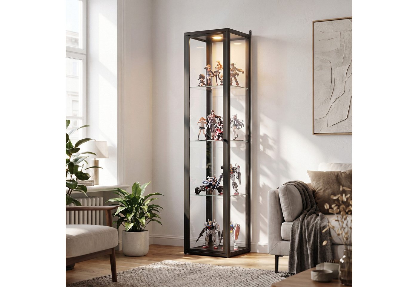 FUFU&GAGA Glasvitrine LED Sammlervitrine 175-200cm hoch, Push-to-Open, Weiß/Schwarz