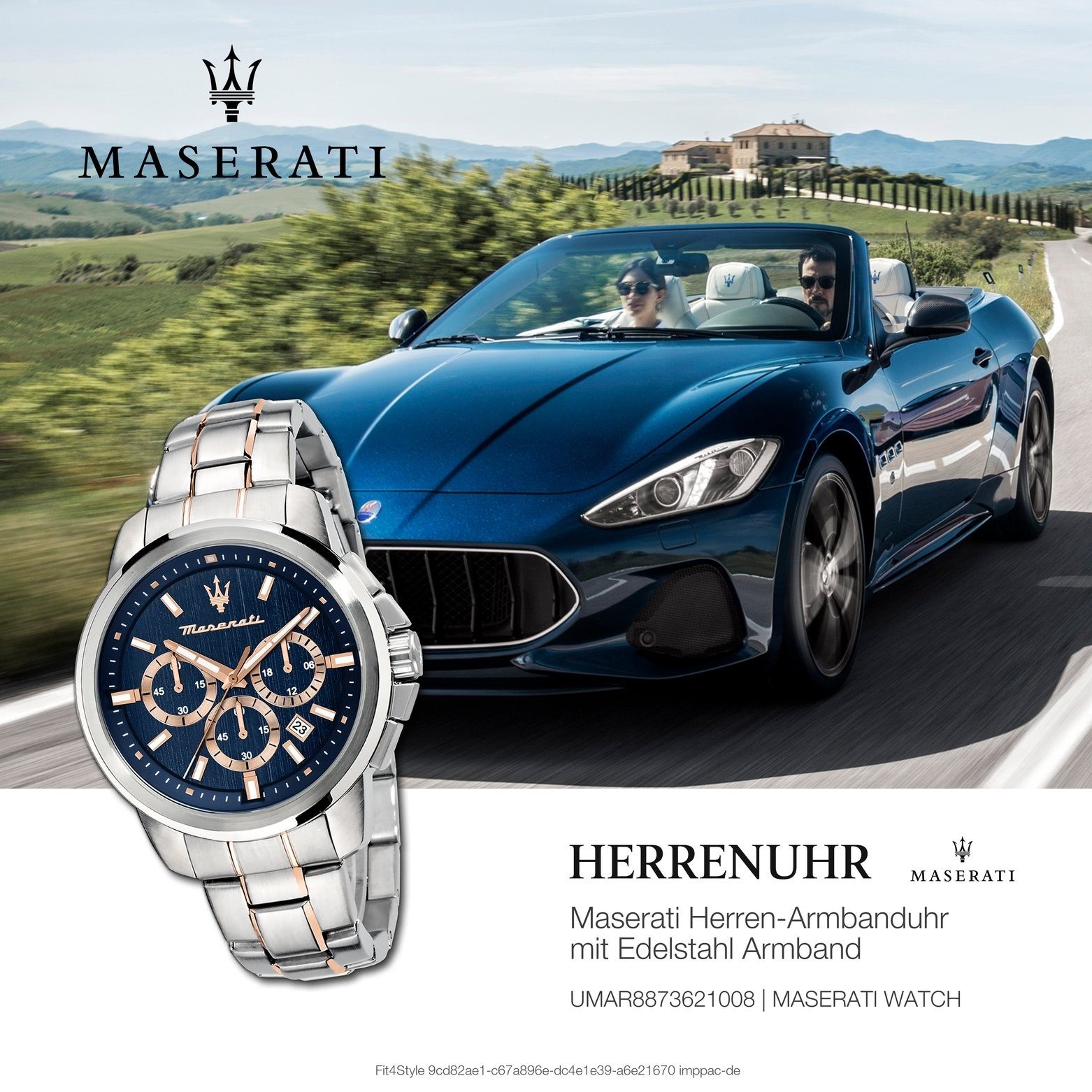 blau, rund, MASERATI Edelstahlarmband, 52x44mm) Maserati Made-In Chronograph, Chronograph Italy Herrenuhr groß (ca. bicolor, Herren roségold