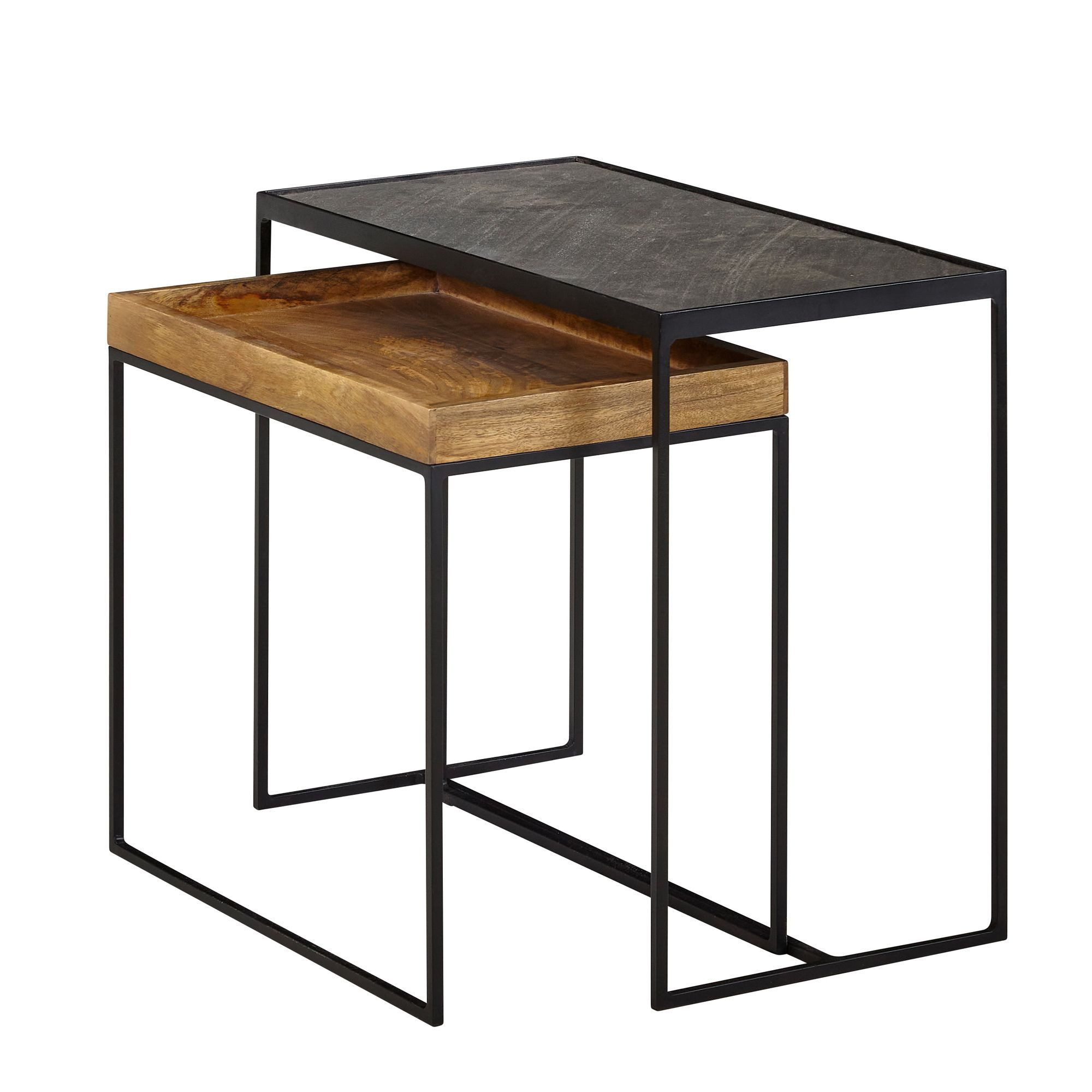Wohnling Satztisch WL6.636 Beistelltisch Massivholz Stein 2 teilig Couchtisch Tisch Set (Beistelltisch 2er Set Mango Massivholz Steinoptik), Wohnzimmertisch 2-teilig, Sofatisch Rechteckig
