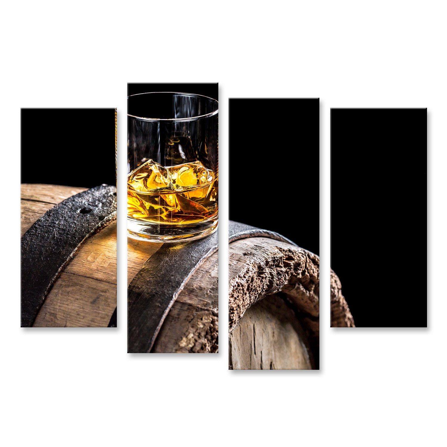 Leinwandbild Bild auf Leinwand Glas Whisky-Eis Altes Eichenfass Isoliert Schwarzer