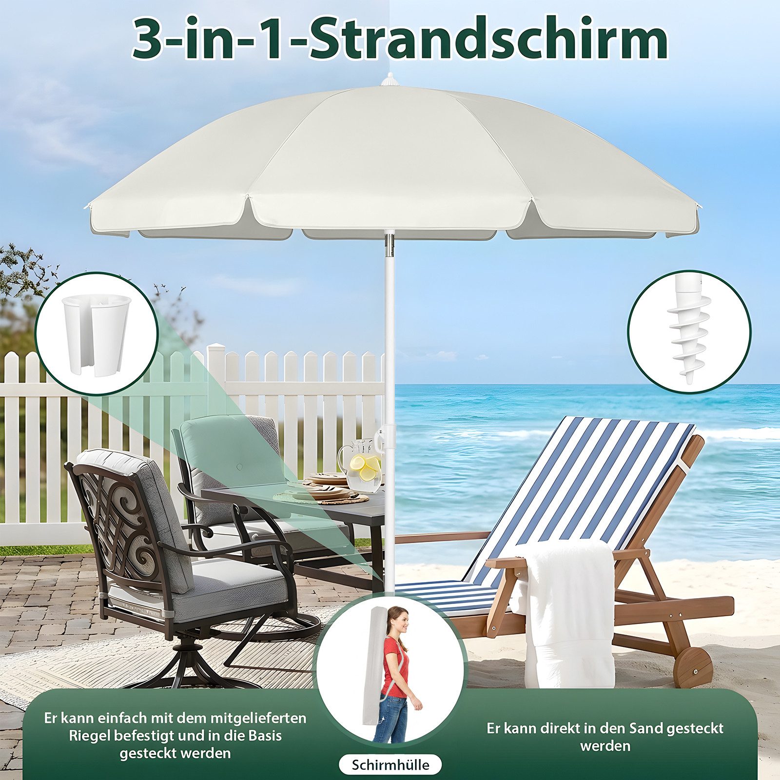 SUNULA Sonnenschirm 160 cm Balkonschirm Strandschirm knickbar mit Bodenhülse & Schutzhülle, Höhenverstellbar und Neigbar, UV-Schutz 50+ – Bild 4 von 5