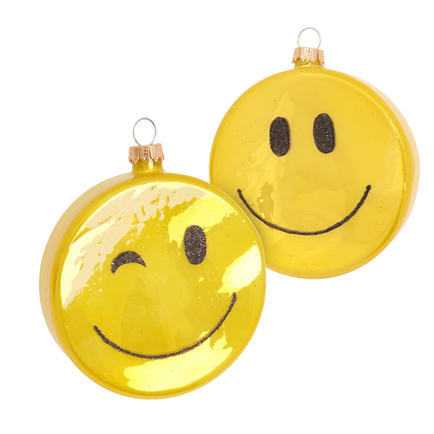 Krebs Glas Lauscha Weihnachtsbaumkugel Baumschmuck Taler lachendes Doppel-Gesicht gelb 8cm, Dekoriert mit Liebe zum Detail