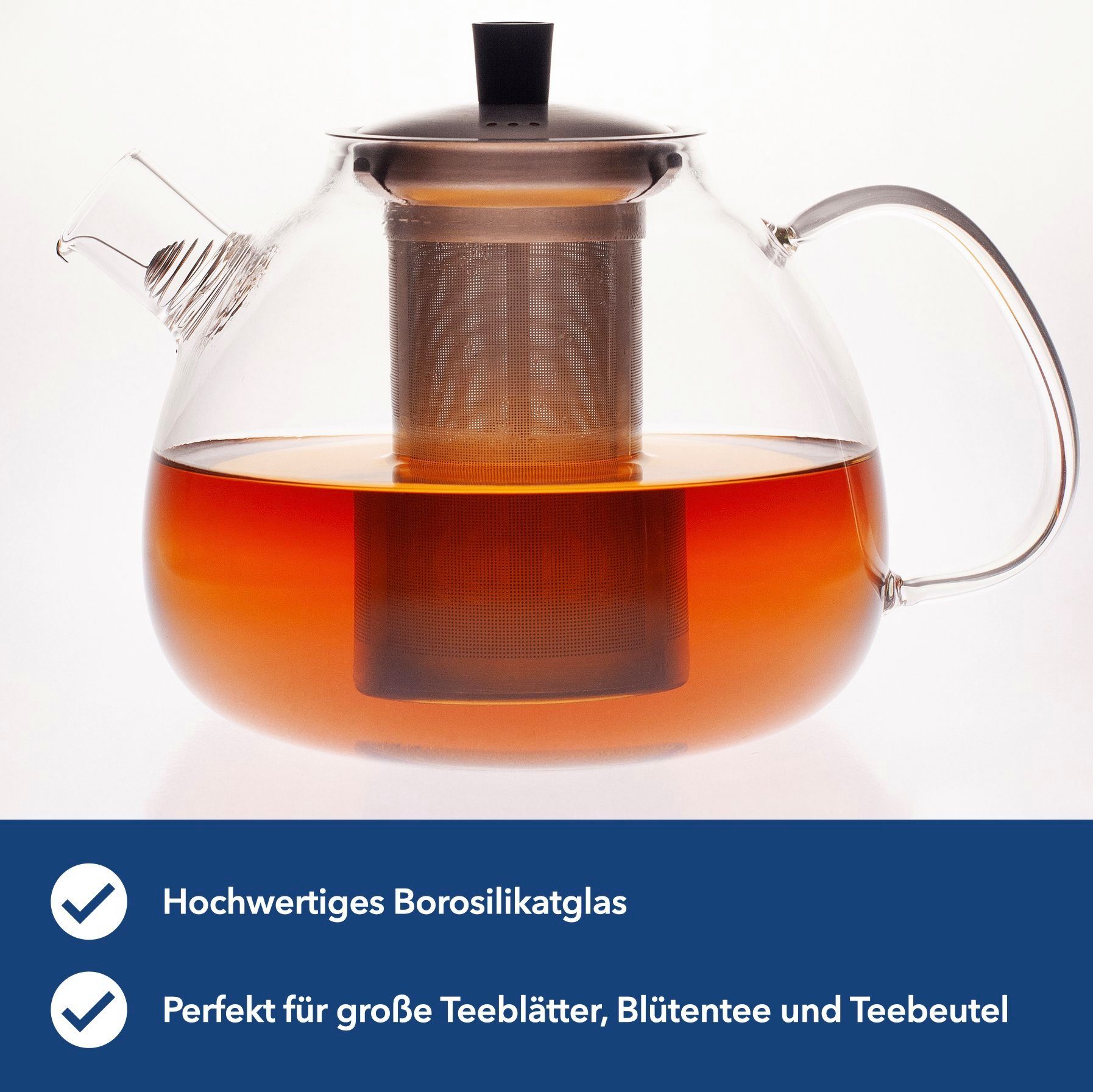 Hanseküche Teekanne Premium Auffangdraht l, und 1500 Modernes 1.5 aus und Edelstahl), Glas (Teekanne, Langlebig inkl. Teebereiter, ml Design, Teekanne Ultrafeinfilter Hochwertig
