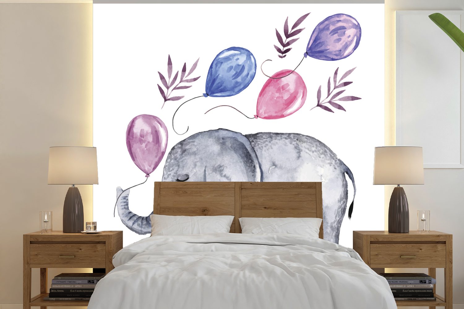 Tapete (5 Schlafzimmer, - Wandtapete - Fototapete Vinyl bedruckt, Aquarell St), Wohnzimmer Luftballons, Matt, MuchoWow Elefant oder für