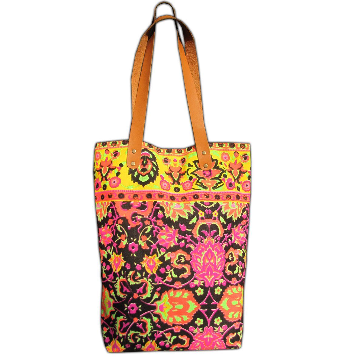 PANASIAM Freizeittasche Neonbunte Schultertasche aus festem Canvas auch als Einkaufstasche, Strandtasche oder Wickeltasche ideal Henkel aus veganem Kunstleder Schwarz