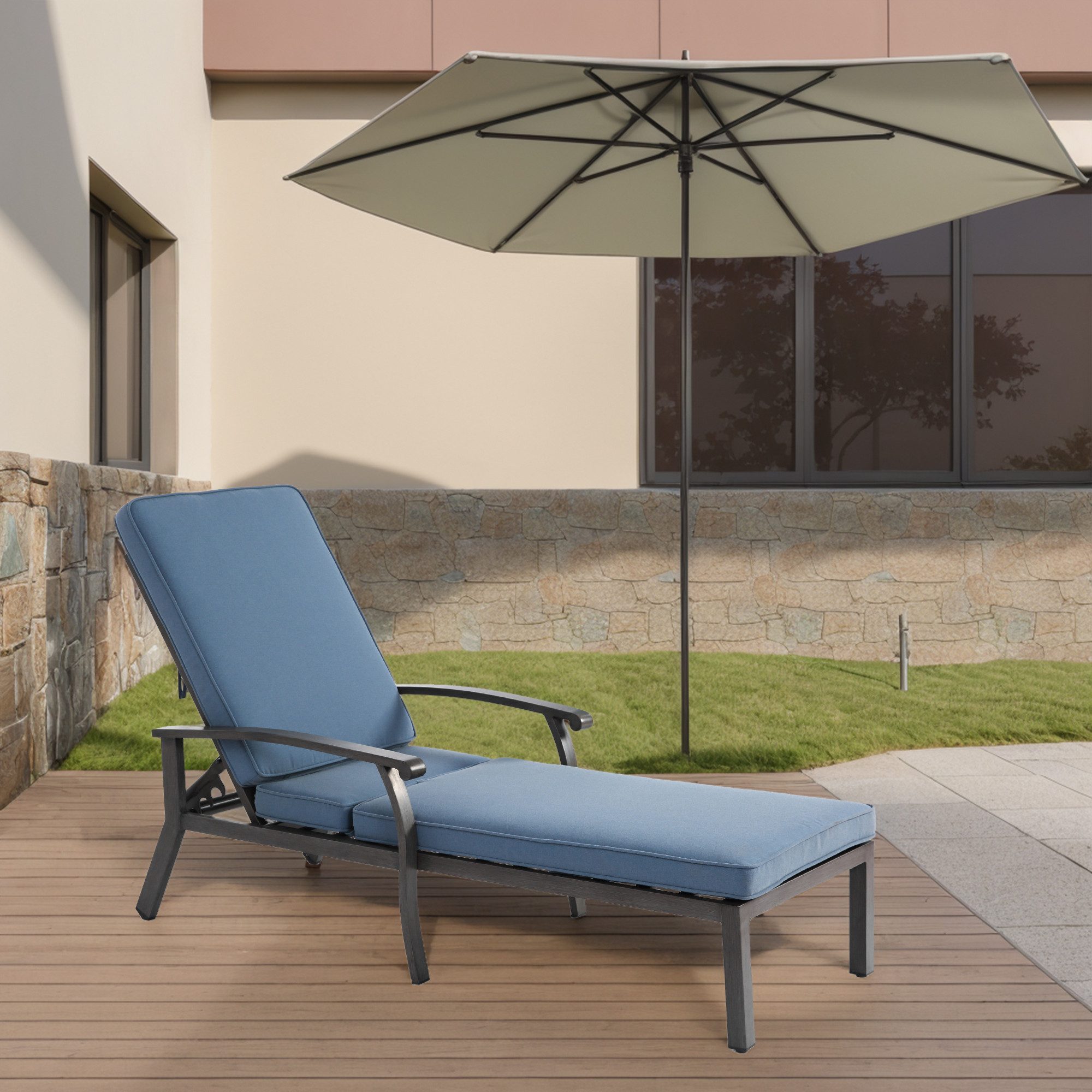 CHICFURN Gartenliege Sonnenliege 204x58 cm, Lounge Patio Stuhl mit Baumwolle Kissen, Packung, 1 St., 5-fach verstellbar, liegendes rostfestes Aluminium, Chaise Lounge Möbel, wasserdicht blaues Kissen (ohne Sitzkissen)