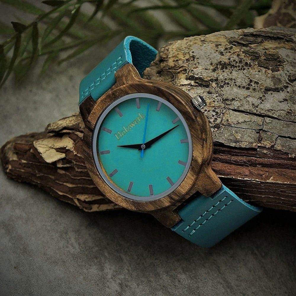 Holzwerk Quarzuhr KAHLA große Damen Leder & Holz Armband Uhr, türkis blau, günstig online kaufen
