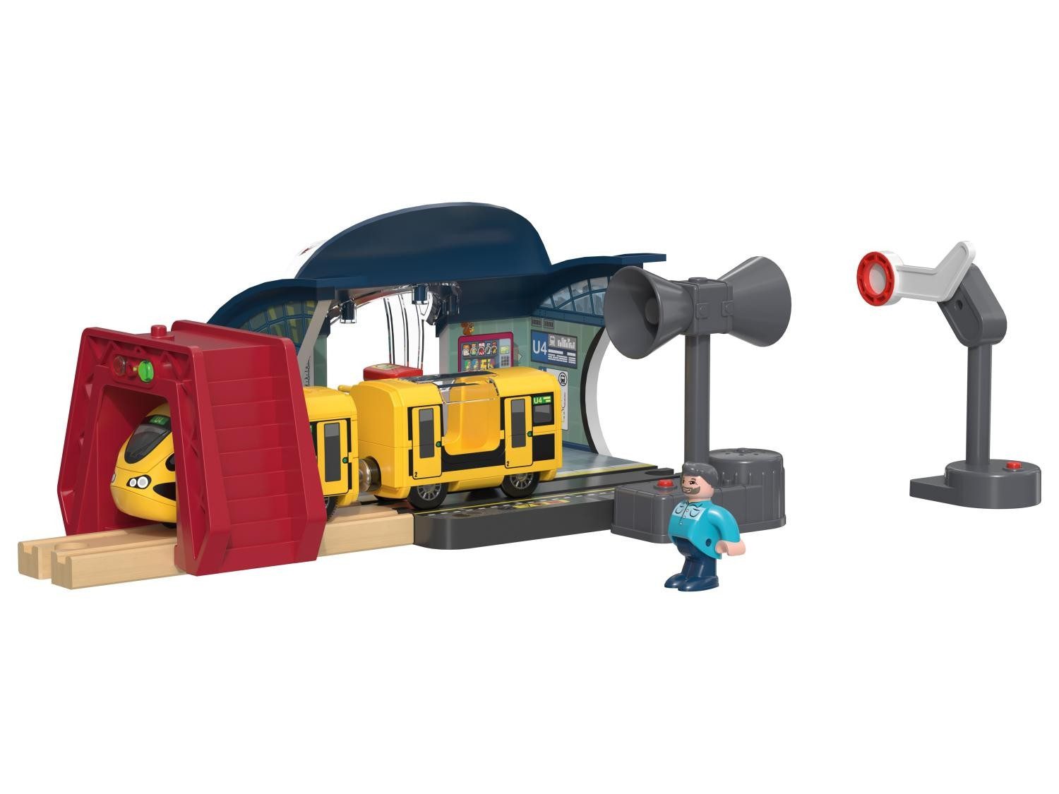 lupilu Spielzeug-Eisenbahn Eisenbahn Holz Spielzeug Batteriebetrieb Vor- Rückwärts Bhf-Set, (Spielset, 10-tlg., Bahnhof, selbstfahrende Lok, Zubehör), Interaktiv mit Sound Aufnahmefunktion