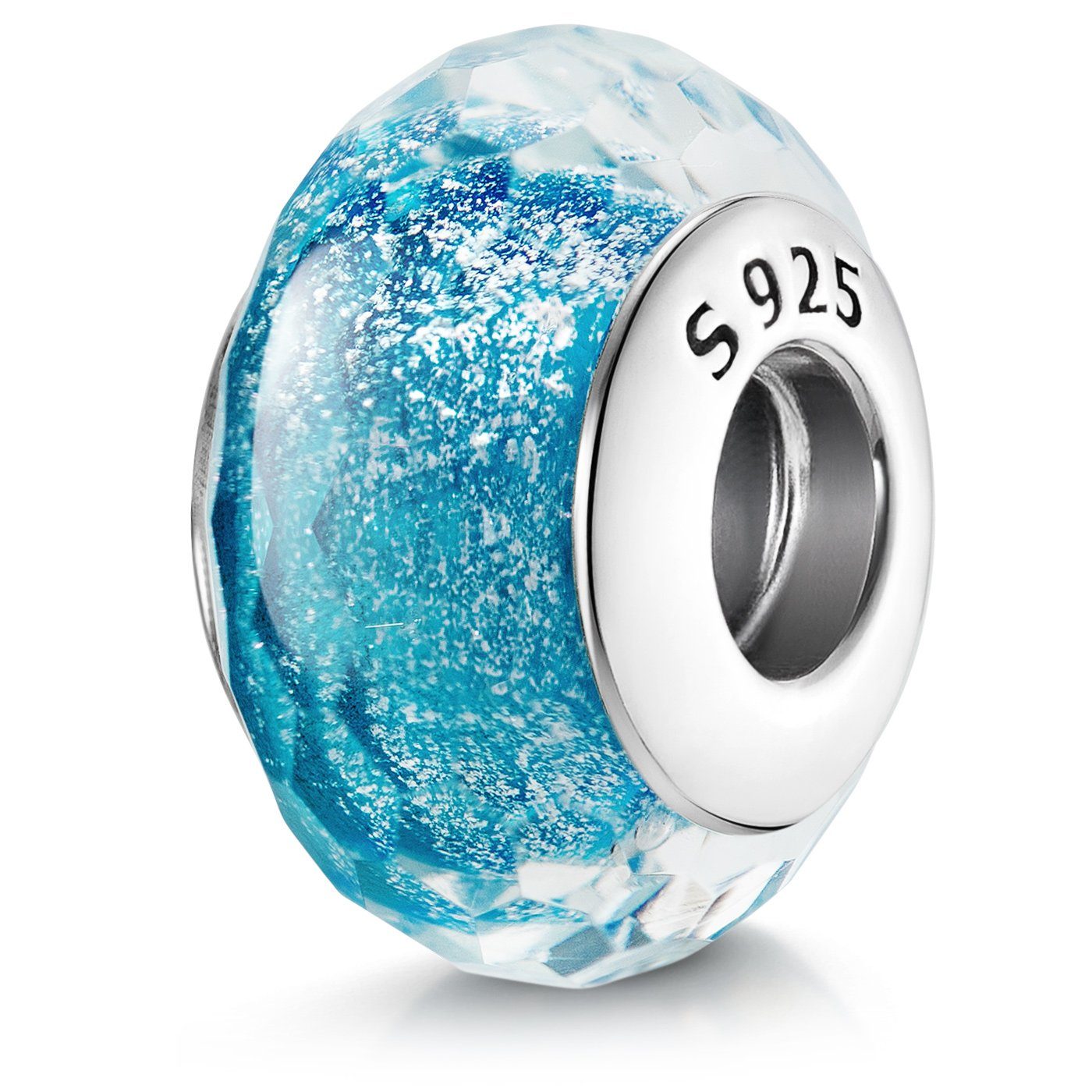 Materia Bead Blau / Hellblau Glitter facettiert 528, 925 Sterling Silber, mit Gewinde