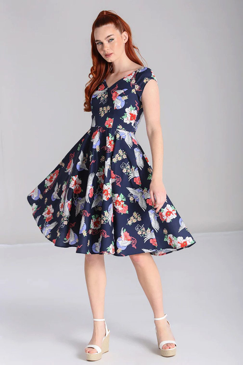 Hell Bunny A-Linien-Kleid Misa Swing Dress Retro Blumenmuster Kranich Vinta günstig online kaufen