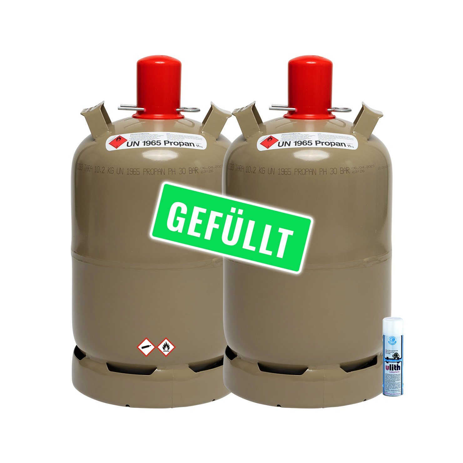 BlueCraft Camping-Gas 2x Bluecraft Propan-Gas-Flasche 11 kg gefüllt voll Campinggasflasche, 11 kg, Propan Gas-Flasche gefüllt Eigentumsflasche Inkl. Lecksuchspray