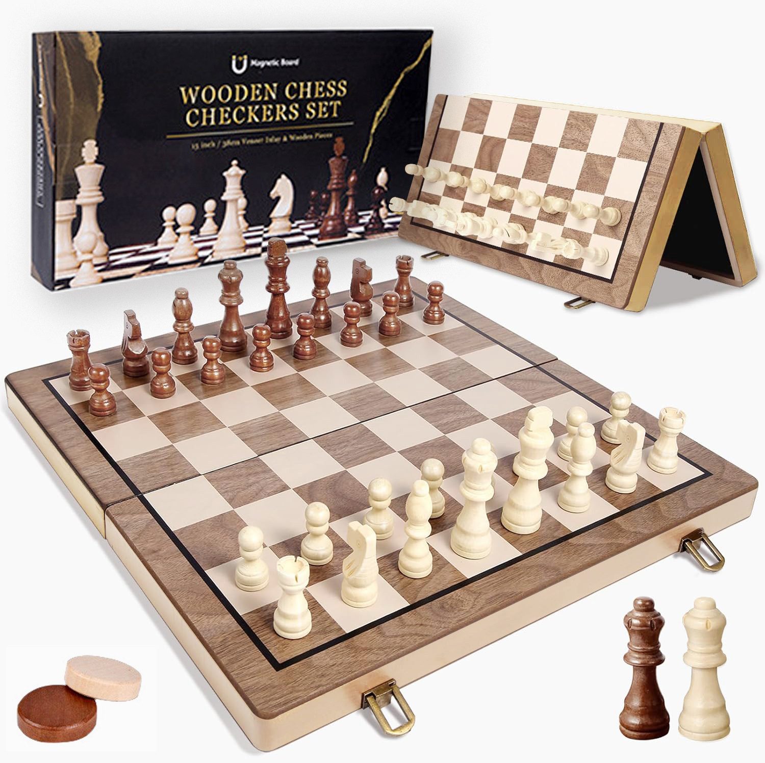 Luckice Spiel Magnetisches Schachspiel aus Holz, Holzdamespiel [39x39 cm], Spielfiguren aus Echtholz mit Magnetfuß & Filz, Ratgeber & Tragetasche