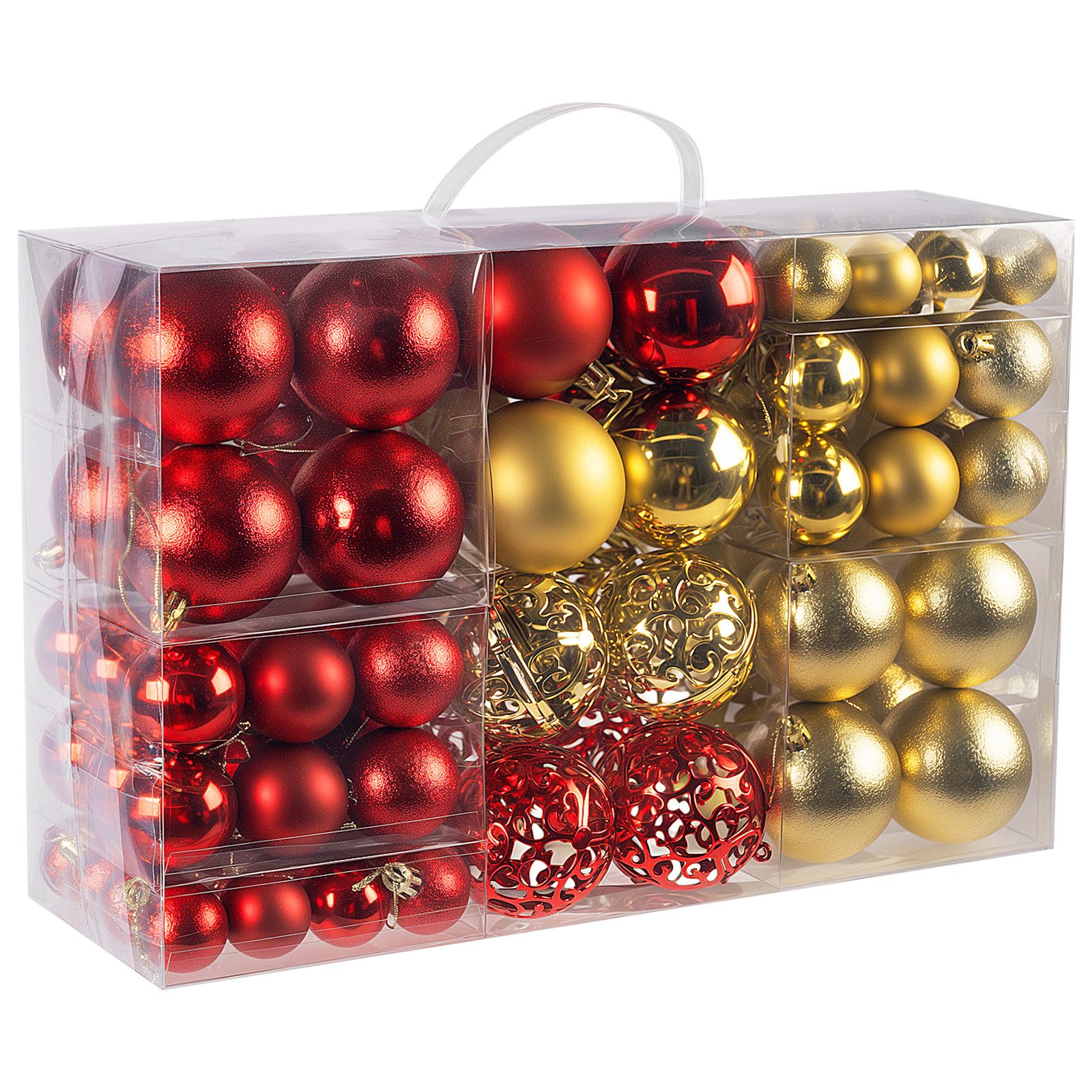 lindahandel Weihnachtsbaumkugel Weihnachtskugeln aus Kunststoff mit Aufhängern – Christbaumschmuck Set, 100 Christbaumkugeln Rot Gold, Ø 3/4/6 cm, vier Designs mit Aufhängern