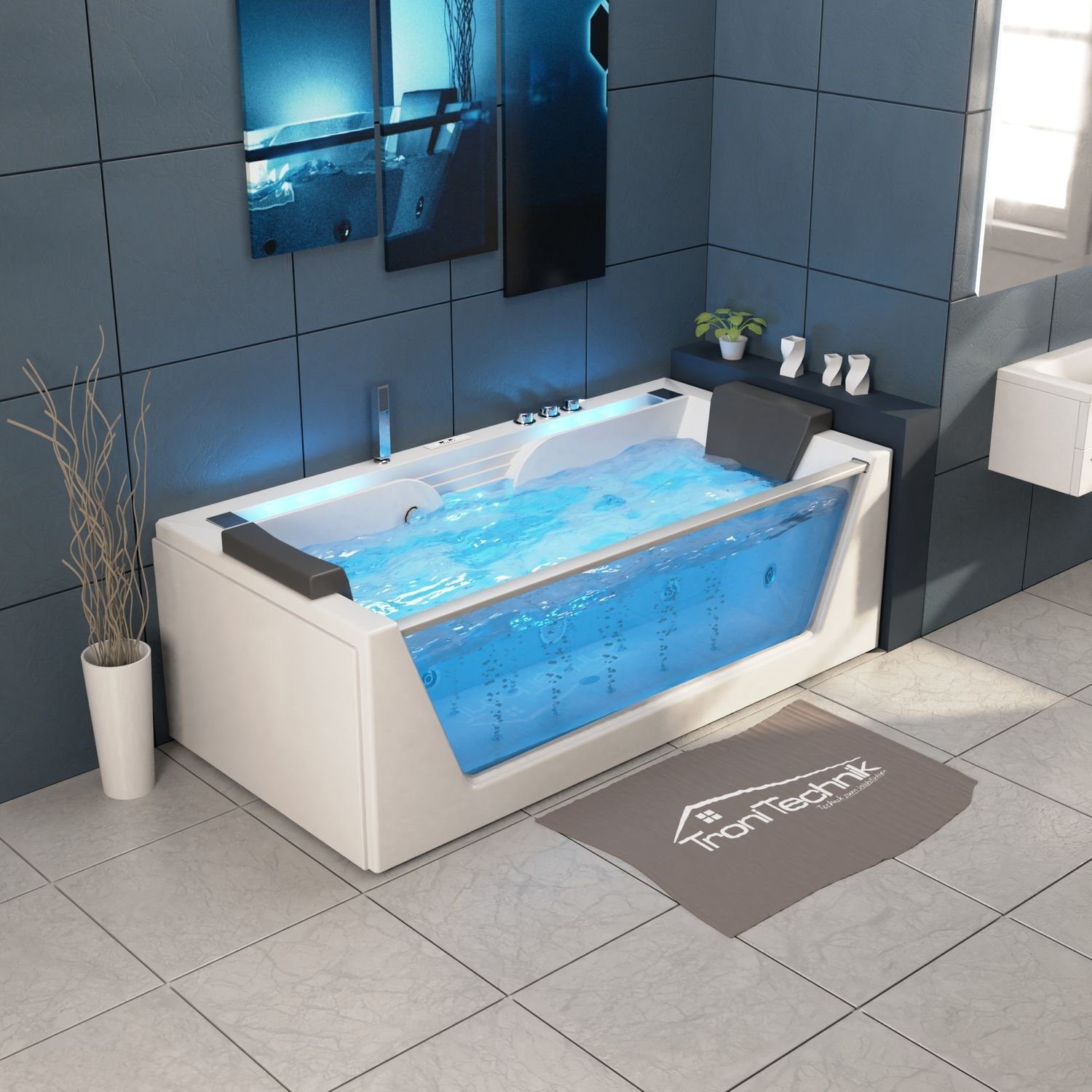 TroniTechnik Whirlpool KOS2, 179x85cm,mit Airpoolpumpe, Heizung, Whirlpooldüsen, 1-2 Personen, Einbauwhirlpool, (mit Unterwasser LED und Radio, inkl. Zubehör, 10 Airpooljets, 4 Whirlpooljets, inkl. Spülfunktion des Rohrsystems), Premium Whirlpoolpumpe, Unterwasser LED, Massagedüsen