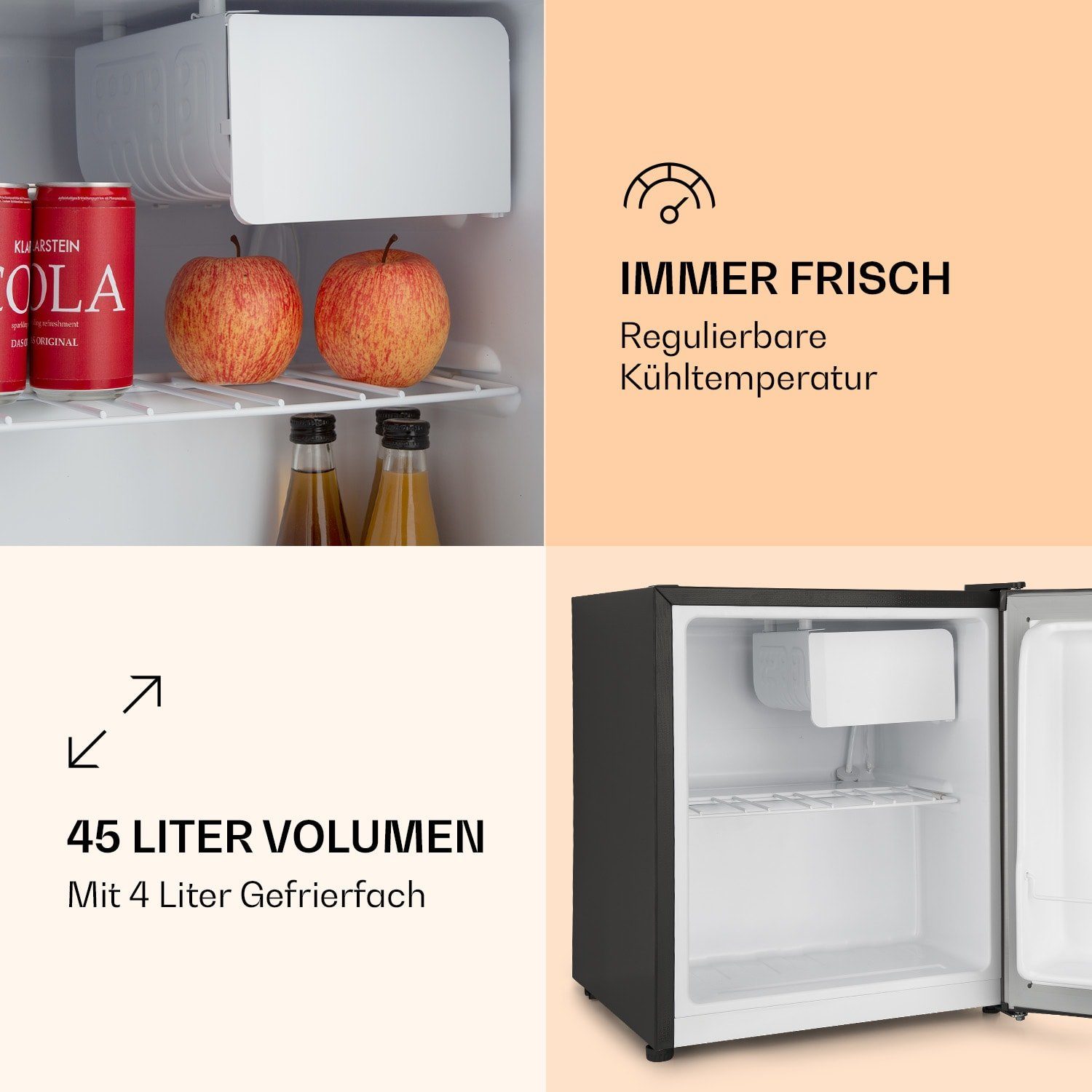 KLARSTEIN Silent Cool Mini-Kühlschrank (G, 47,5 cm hoch, Schwarz