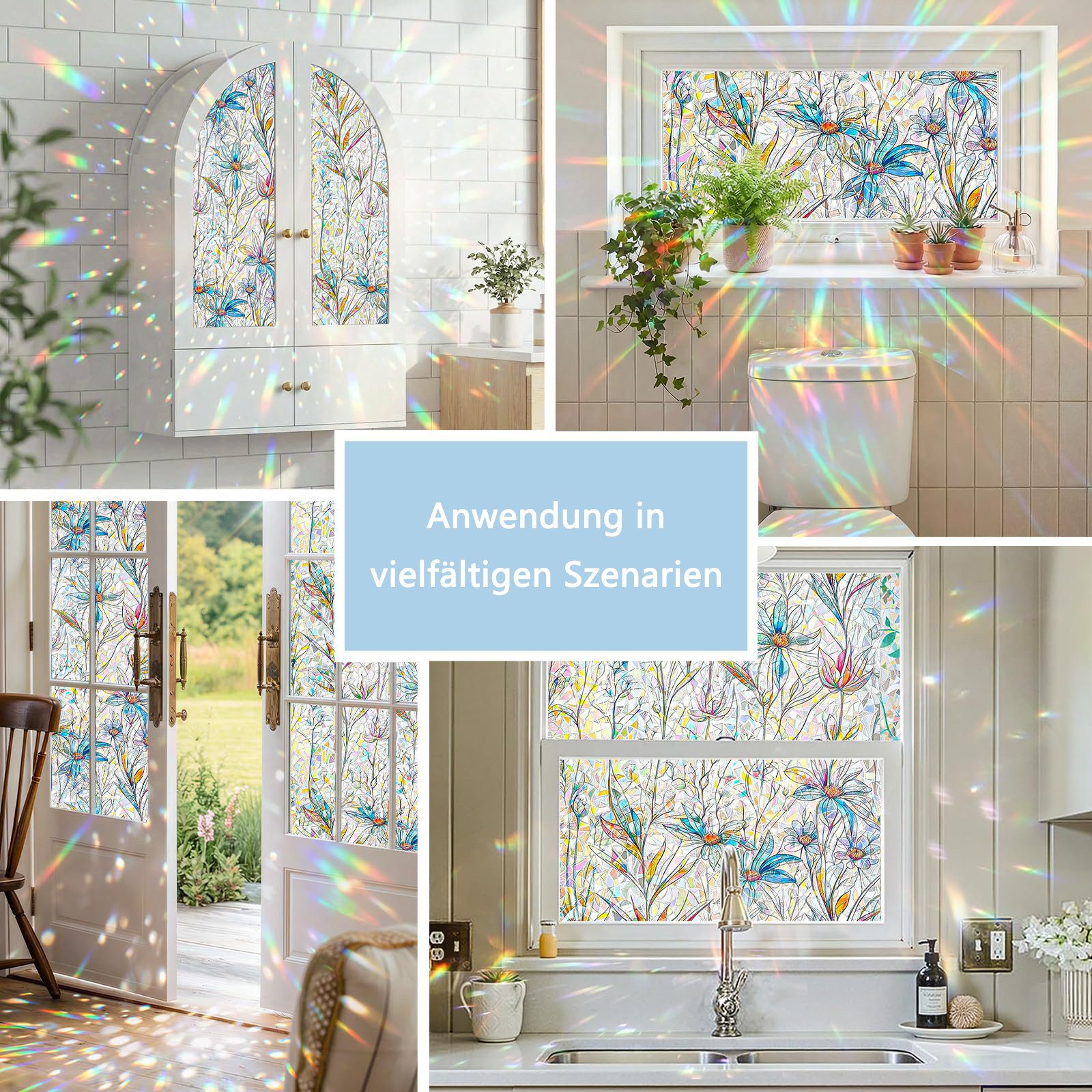 Diwzbyn Sonnenschutz-Fensterfolie Selbstklebend Statische Folie, Bunt Blickdichte Sichtschutzfolie, Bunte Blumen-Fensteraufkleber, Anti-UV Regenbogen Optik – Bild 3 von 5
