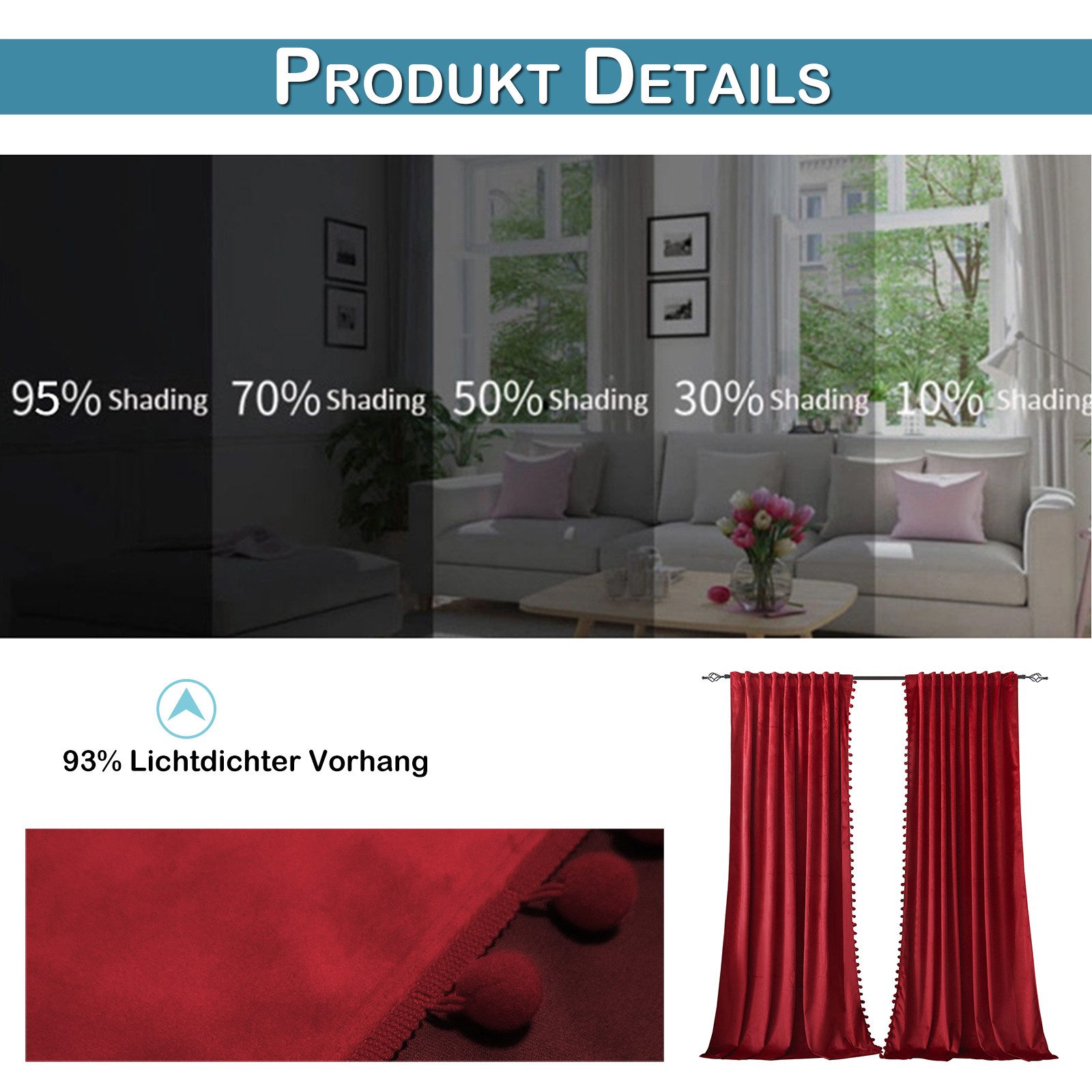 Rosnek Gardine Samtvorhang mit Pompon, Kräuselband, Wärmeisolierend, 2er Set (1 St), Verdunklungsvorhänge für Schlafzimmer/Wohnzimmer