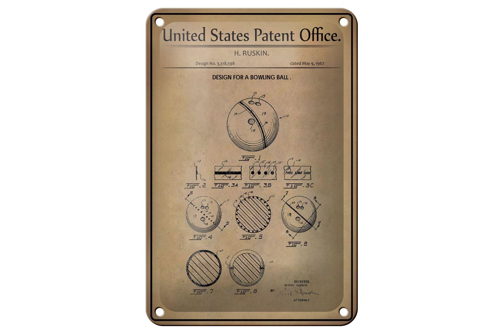 Femer GmbH Metallschild Patent 12x18 cm Entwurf für eine Bowlingkugel, (1 St), gewölbte Oberfläche, abgerundete Ecken, umgeschlagene Kanten