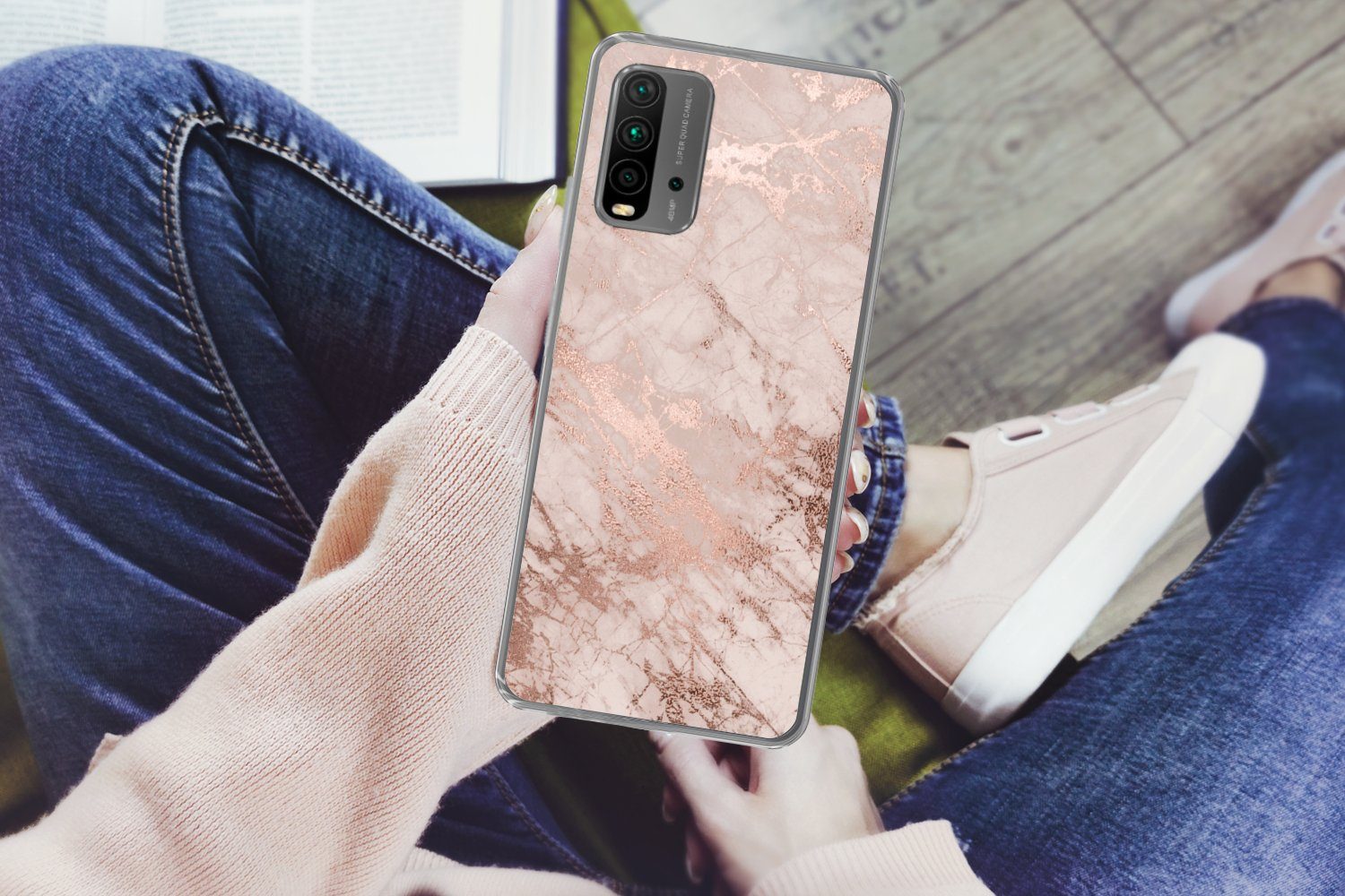 MuchoWow Handyhülle für Xiaomi Redmi 9T Marmor - Rosa - Luxus - Marmoroptik - Glitzer - De, Phone Case, Silikon, Schutzhülle Dünn