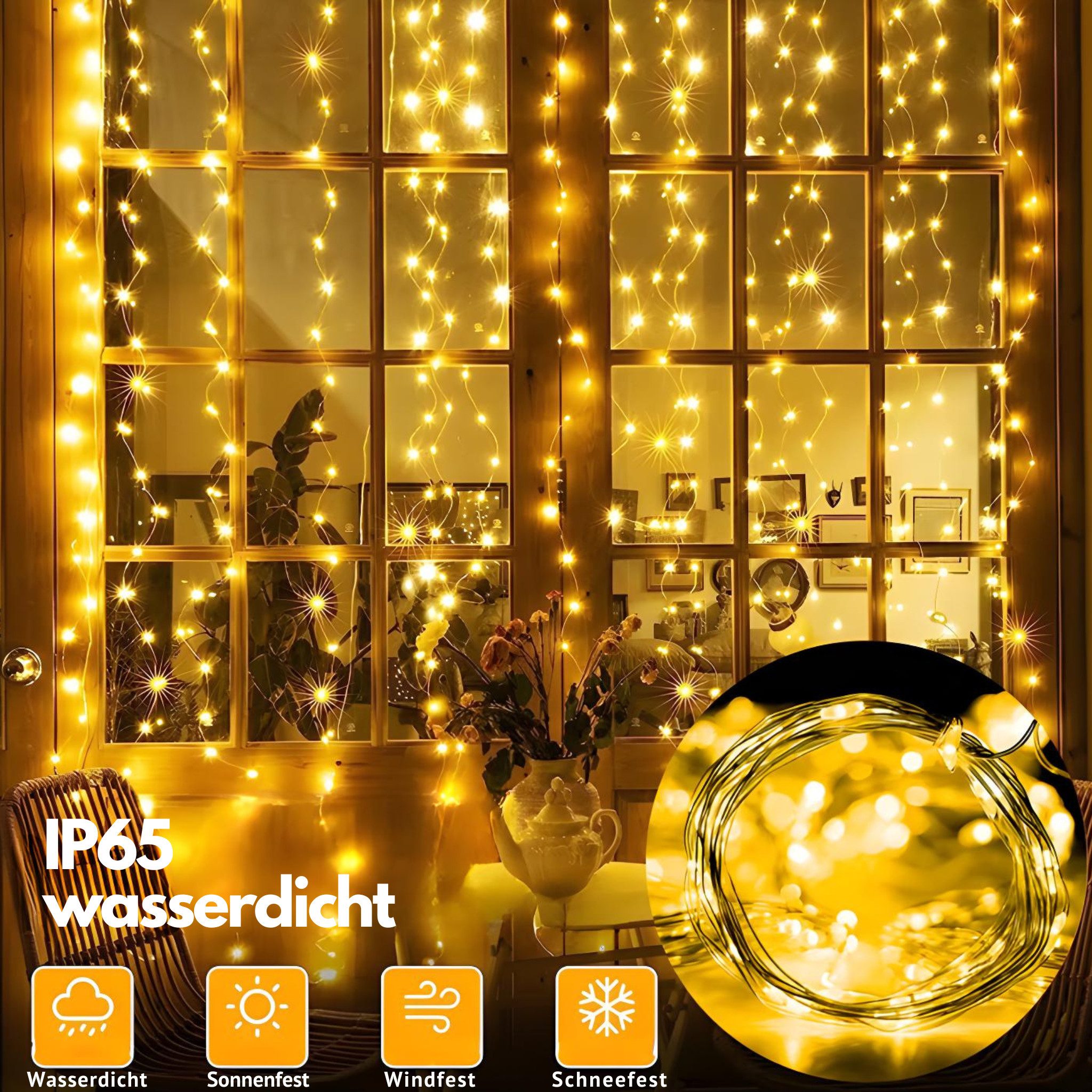 HS.SUPPLY LED-Lichtervorhang Solar Lichterkette mit USB & Fernbedienung – 8 günstig online kaufen