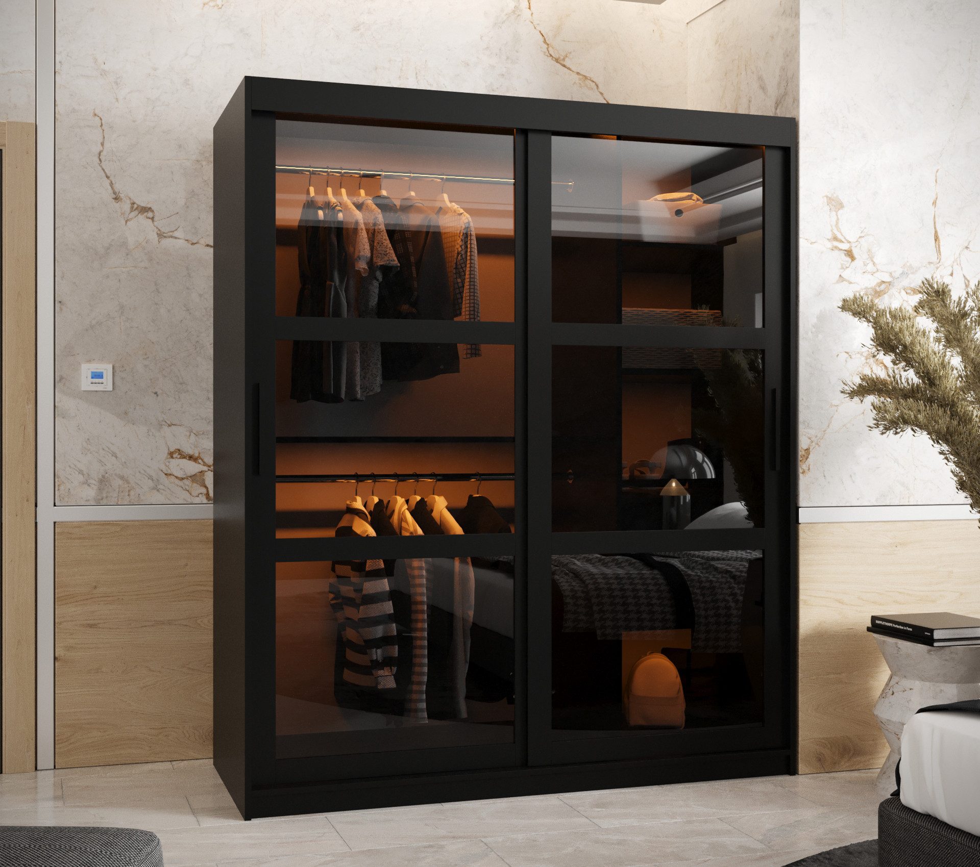 MOEBLO Schiebetürenschrank DEMO (Kleiderschrank Schwebetürenschrank 2-türig Schrank mit vielen Einlegeböden und Kleiderstange mit LED Gaderobe Schiebtüren Schlafzimmer- Wohnzimmerschrank Modern Design)