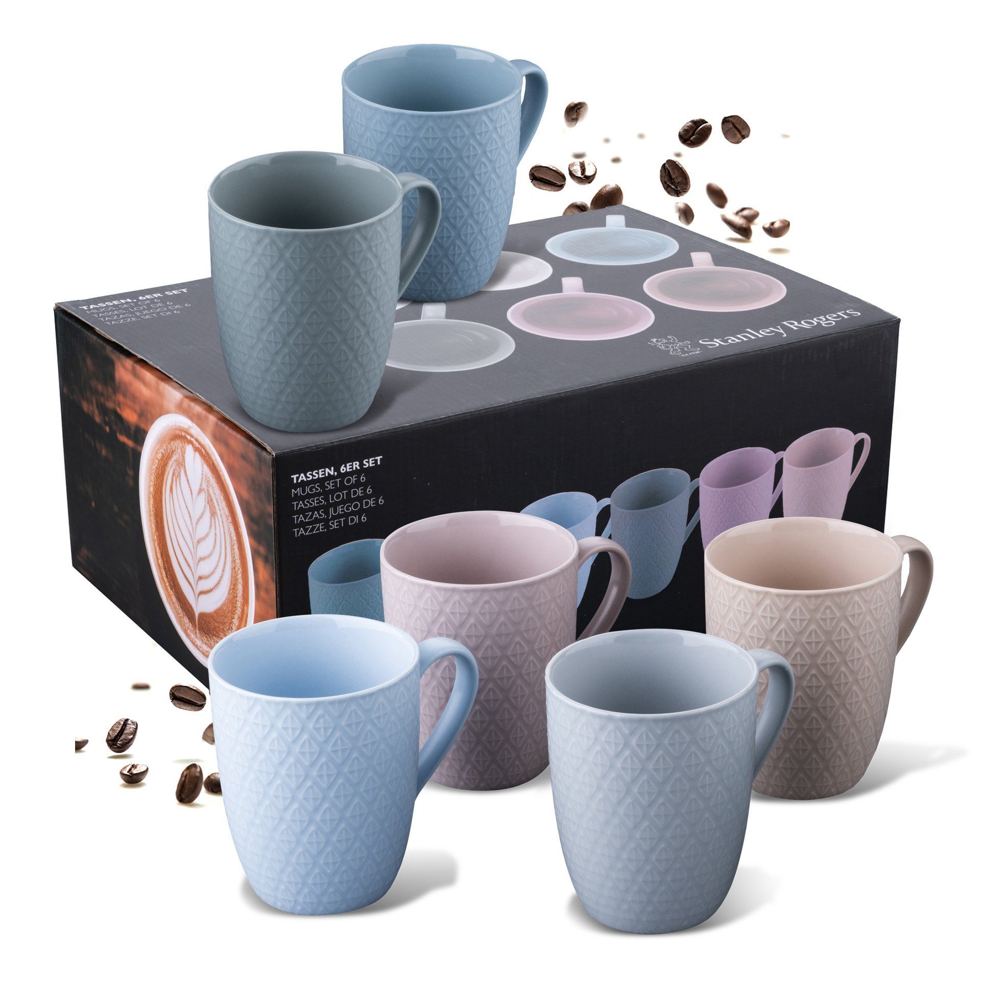 Stanley Rogers Geschirr-Set 6-teiliges Tassen-Set – Kaffeetassen in modernem Rautendesign, 6 Personen, Keramik