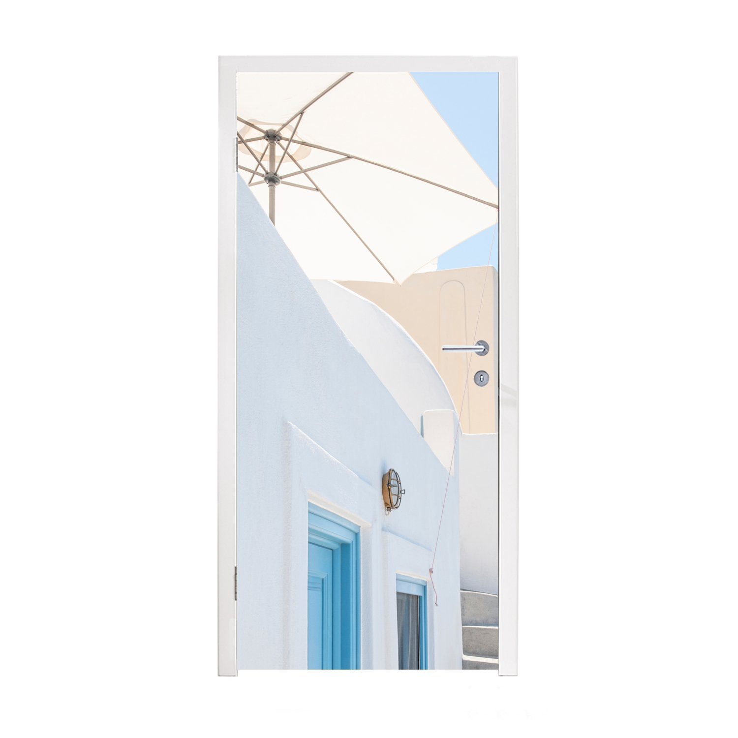 MuchoWow Türtapete Architektur - Sonnenschirm - Tür - Weiß - Blau, Matt, bedruckt, (1 St), Fototapete für Tür, Türaufkleber, 75x205 cm
