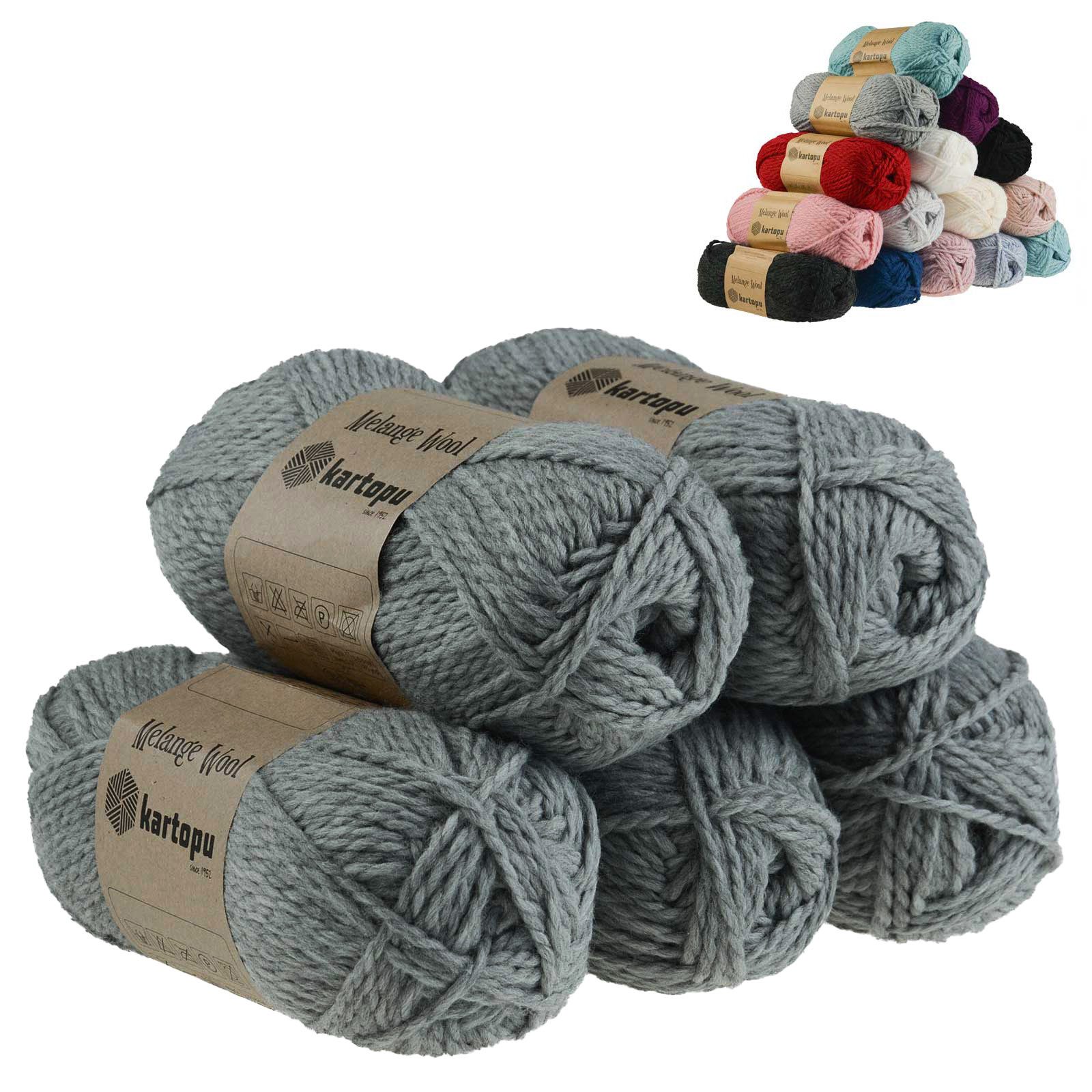 Kartopu 5 x 100g Strickgarn Kartopu Melange Wool Häkelwolle, 170 m, K1002 mittelgrau meliert