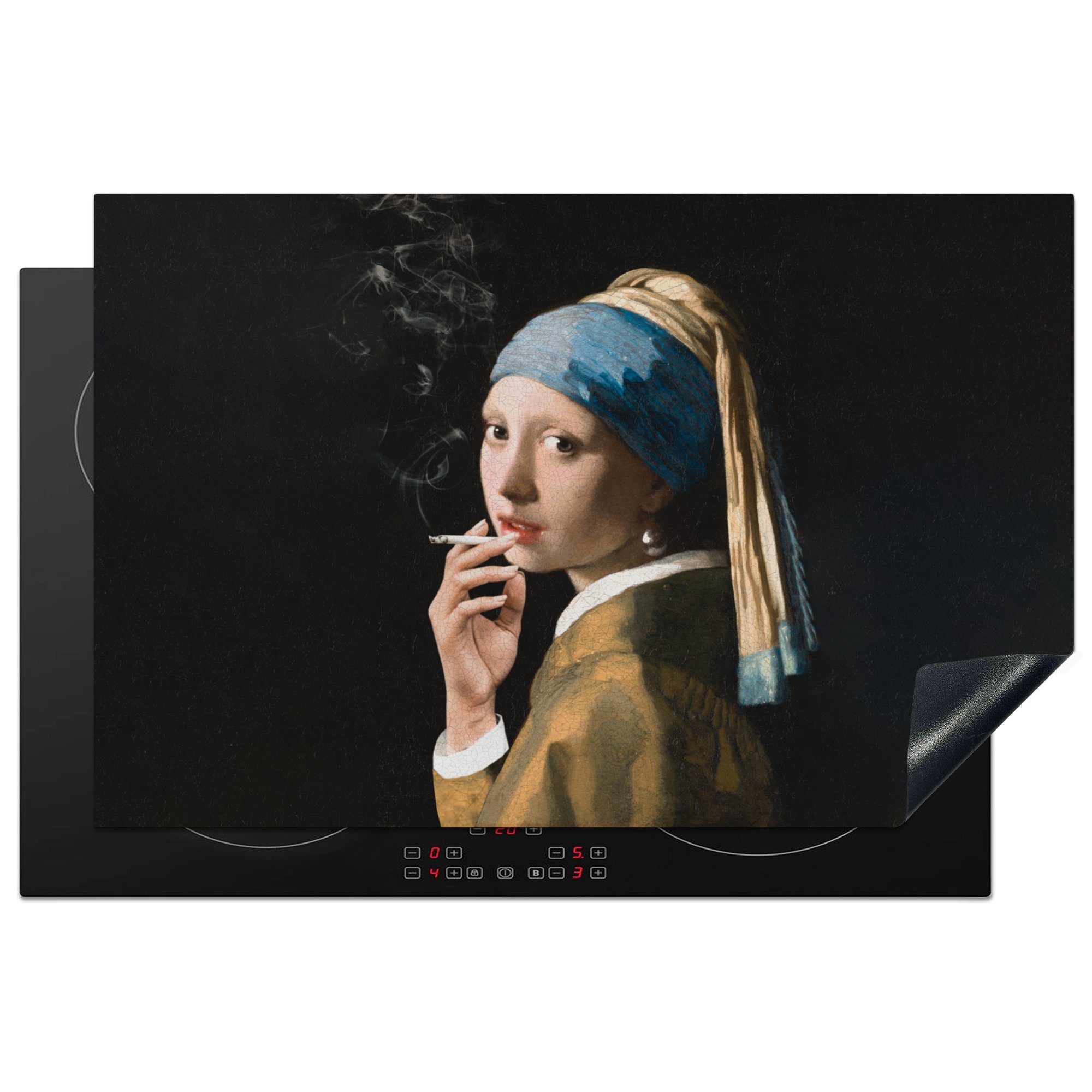 MuchoWow Herdblende-/Abdeckplatte Das Mädchen mit dem Perlenohrring - Vermeer - Zigaretten, Vinyl, (1 tlg), 81x52 cm, Induktionskochfeld Schutz für die küche, Ceranfeldabdeckung