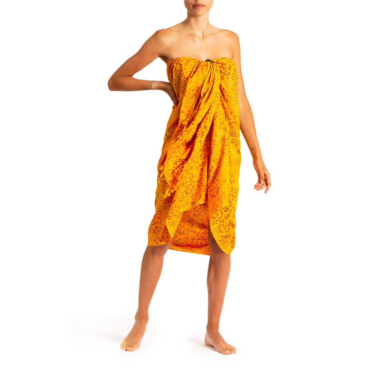 PANASIAM Pareo Sarong Wachsbatik Orangetöne aus hochwertiger Viskose Strandtuch, Strandkleid Bikini Cover-up Tuch für den Strand Schultertuch Halstuch B303 orange leaf
