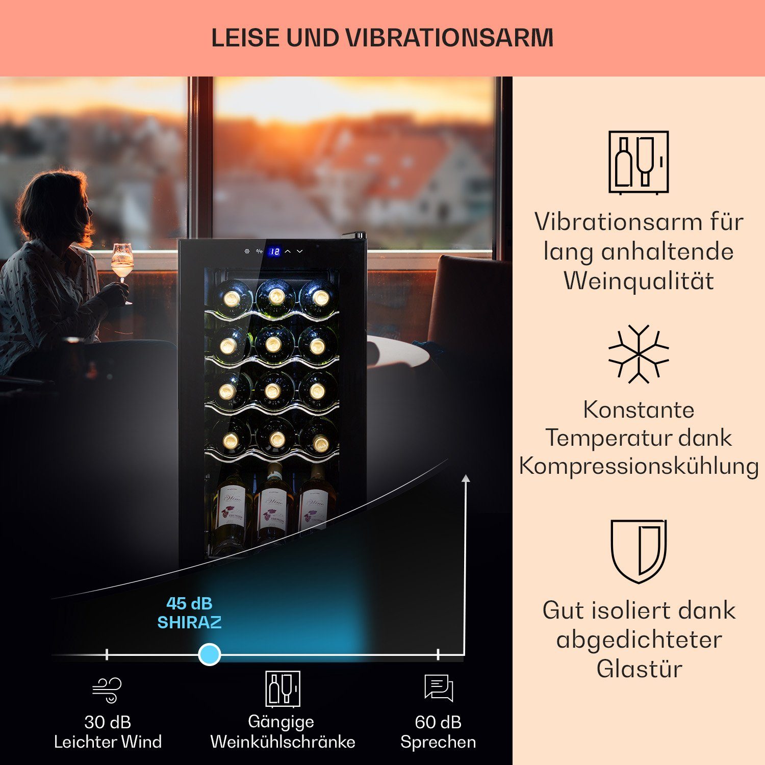 Klarstein Weinkühlschrank Shiraz 15 Slim Uno, für 15 Standardflaschen á 0,75l,Wein Flaschenkühlschrank Getränkekühlschrank Weintemperierschrank – Bild 5 von 5