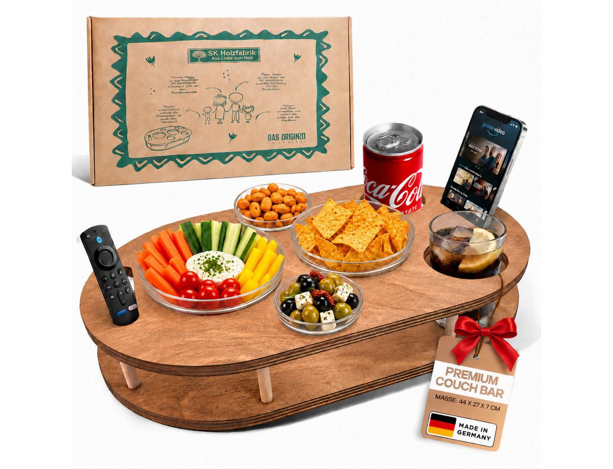 PEGSEN Servierplatte Couchbar Snackbox mit 4 Snackschalen Couch Tablett, Birkenholz, (Set, 5-tlg., 4x Glasschalen), Getränke & Snacks stehen stabil