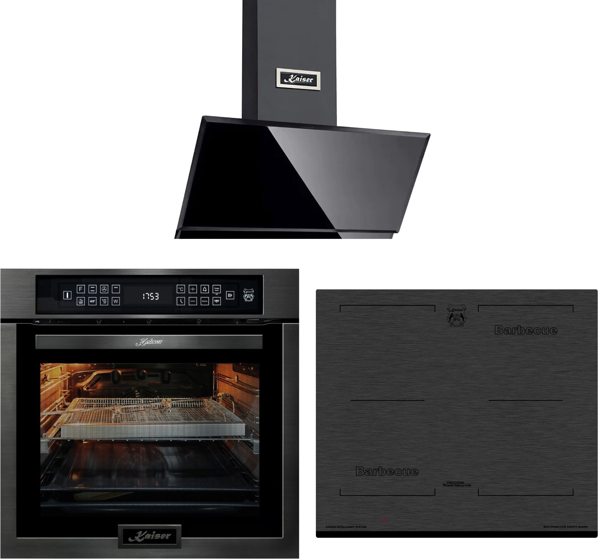 Kaiser Küchengeräte Backofen-Set Herd Set Autark Einbaubackofen,9L 15 Fkt. Grill Air fryer Full Touch+Induktions-Kochfeld, Autark Herd Power Booster 60 cm Barbecue mit Dunstabzugshaube 60 cm EH 6306 RS+KCT 6700 FI+AT 6410 F ECO, mit 1-fach-Teleskopauszug